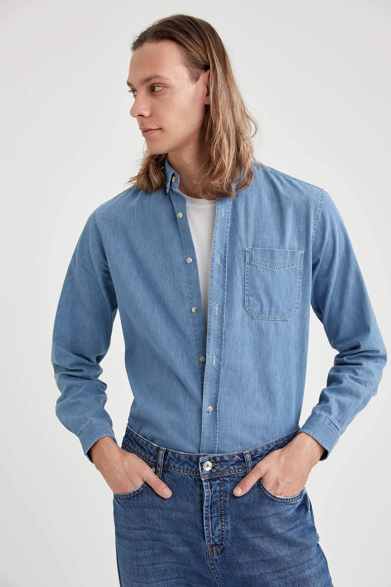 Slim Fit Uzun Kollu Jean Gömlek