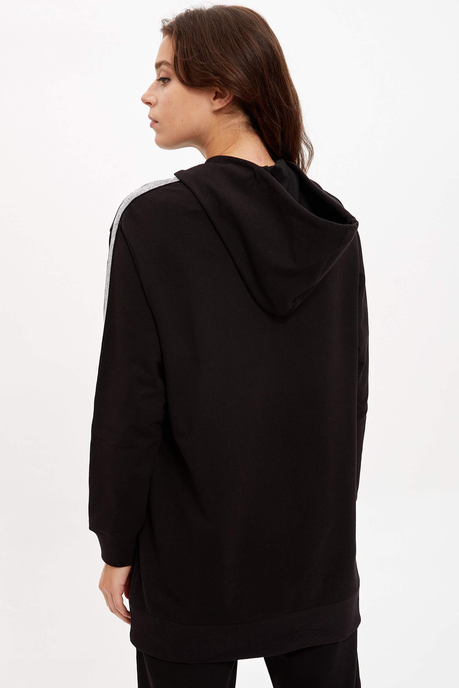 Sim Şerit Detaylı Kapüşonlu Relax Fit Uzun Sweat Tunik