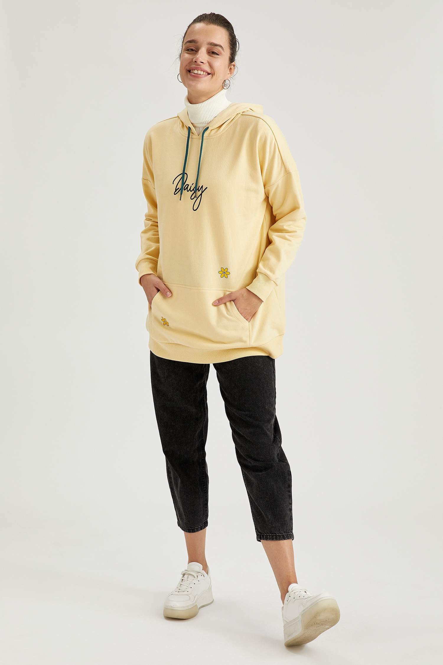 Minimal Papatya Baskılı Relax Fit Örme Sweat Tunik