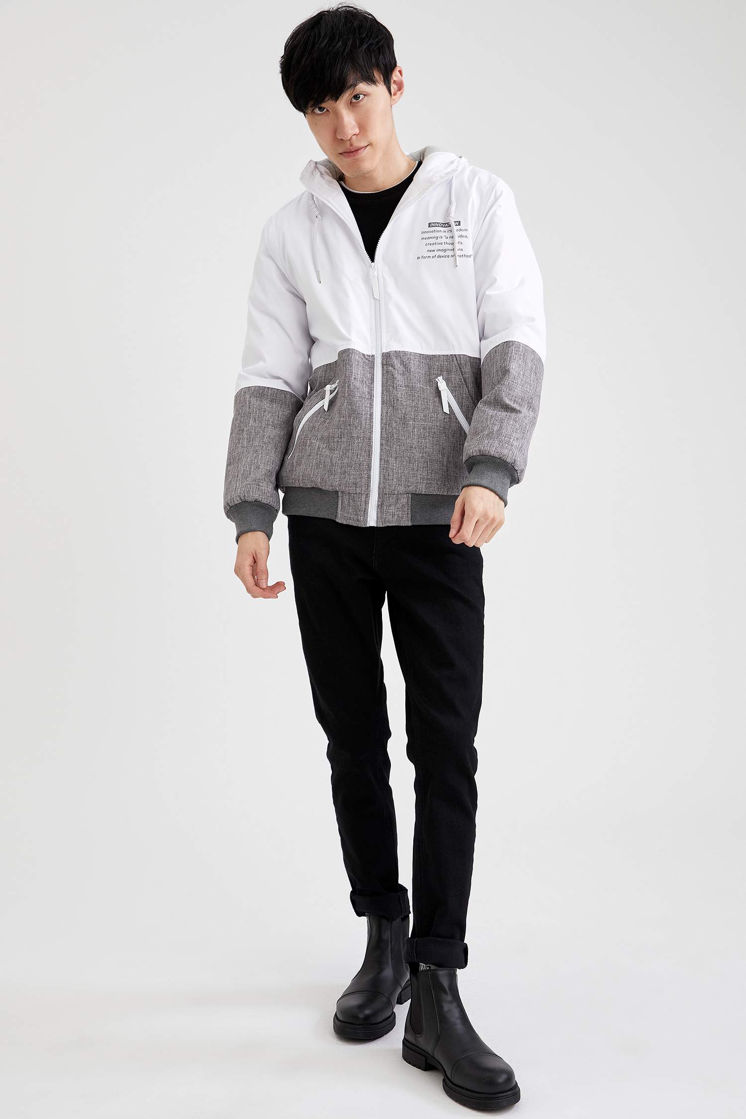 Blok Desenli Kapüşonlu Slim Fit Mont