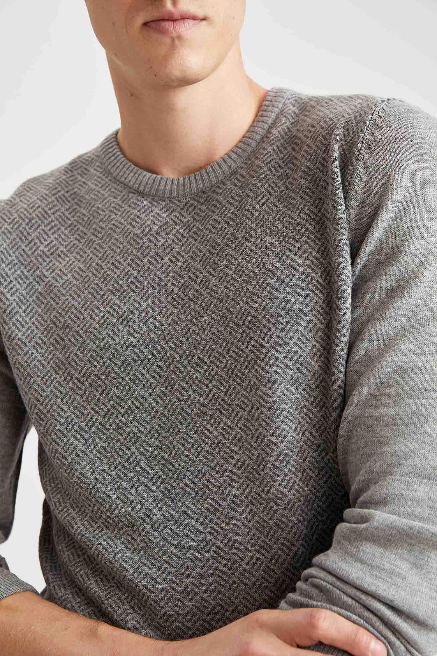 Desenli Slim Fit Bisiklet Yaka Triko Kazak