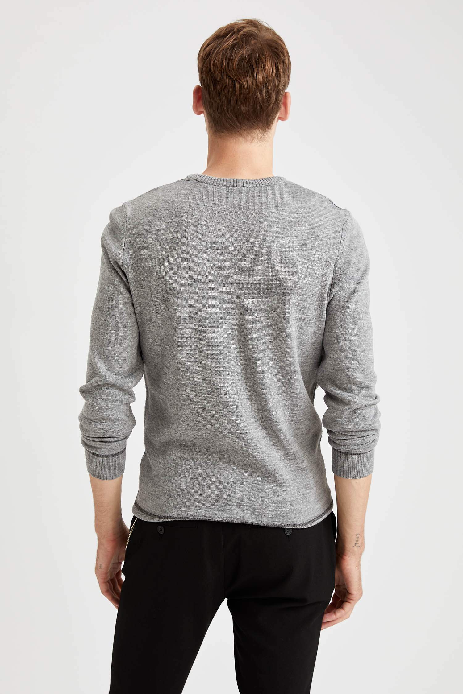 Desenli Slim Fit Bisiklet Yaka Triko Kazak