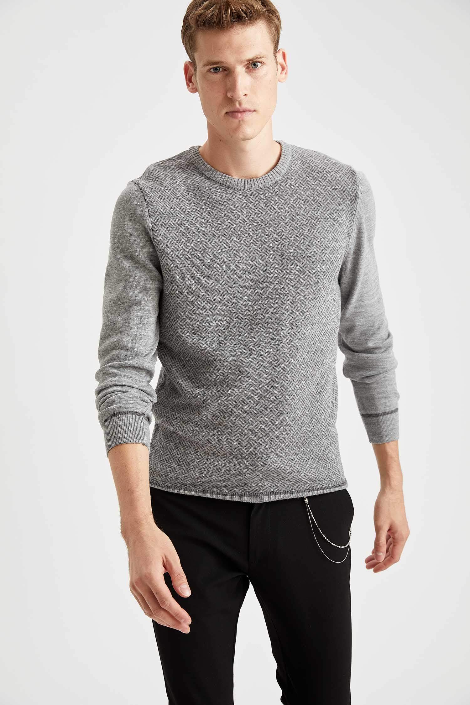Desenli Slim Fit Bisiklet Yaka Triko Kazak