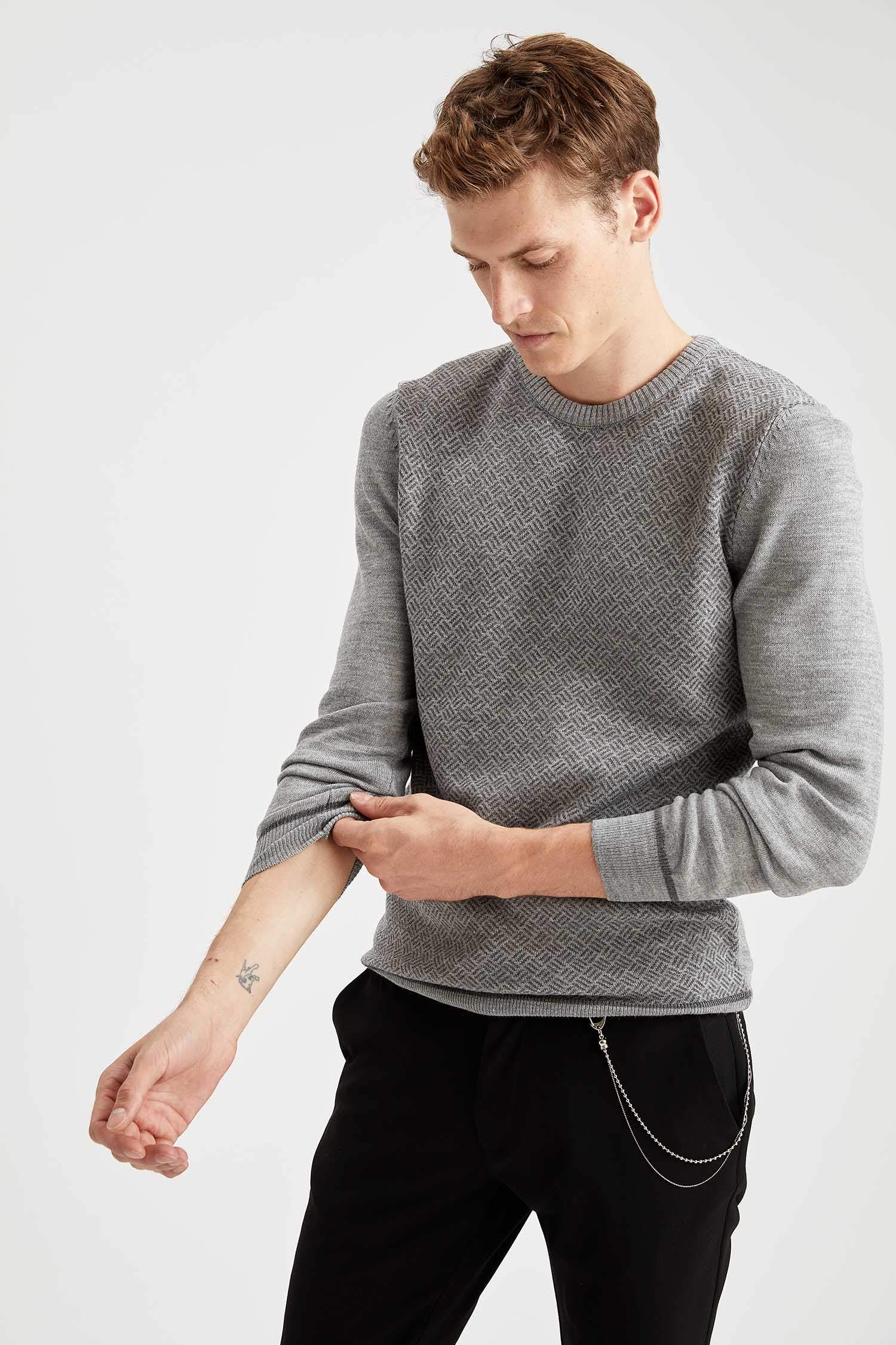 Desenli Slim Fit Bisiklet Yaka Triko Kazak