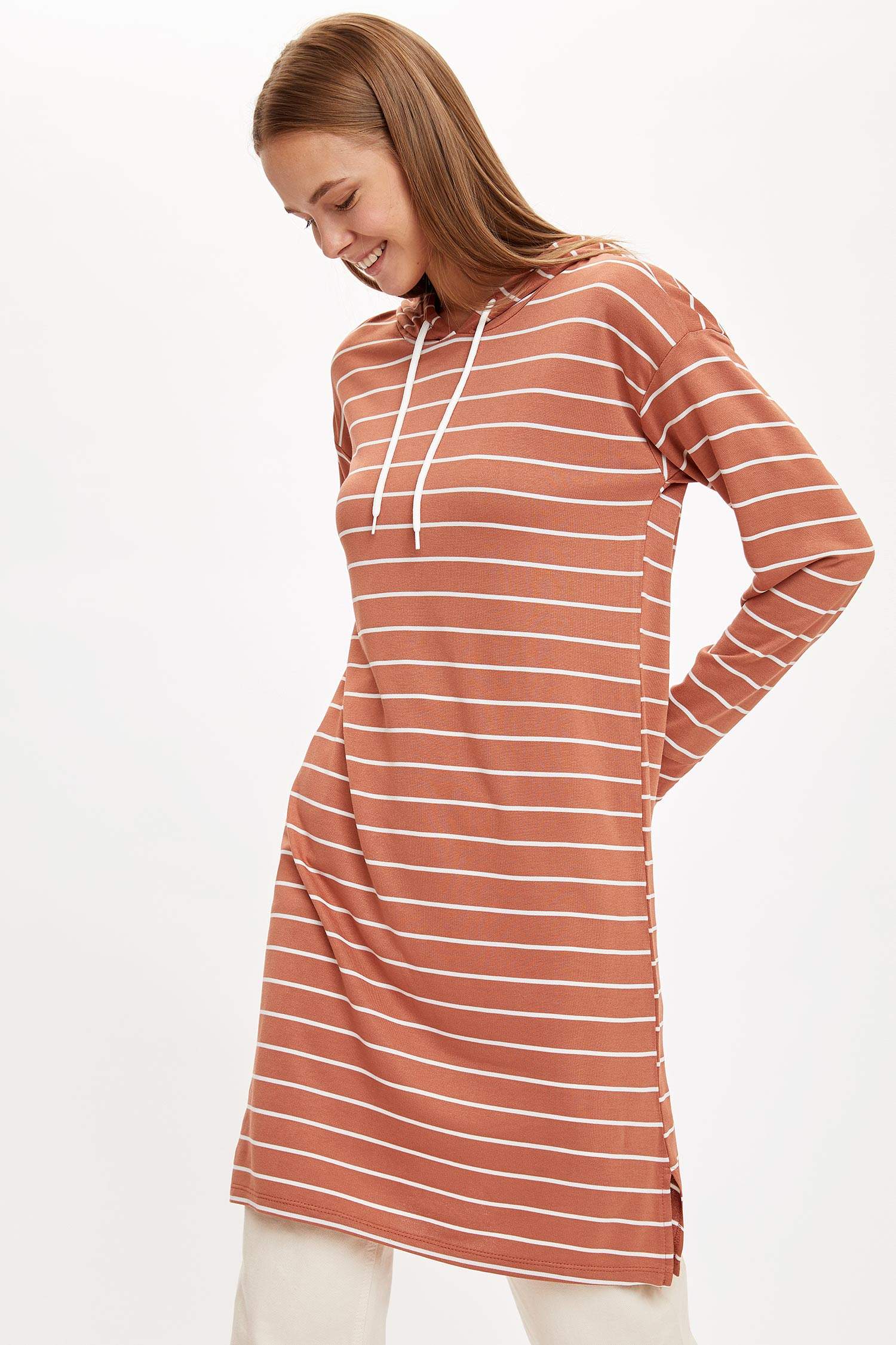 Çizgili Kapüşonlu Sweat Tunik