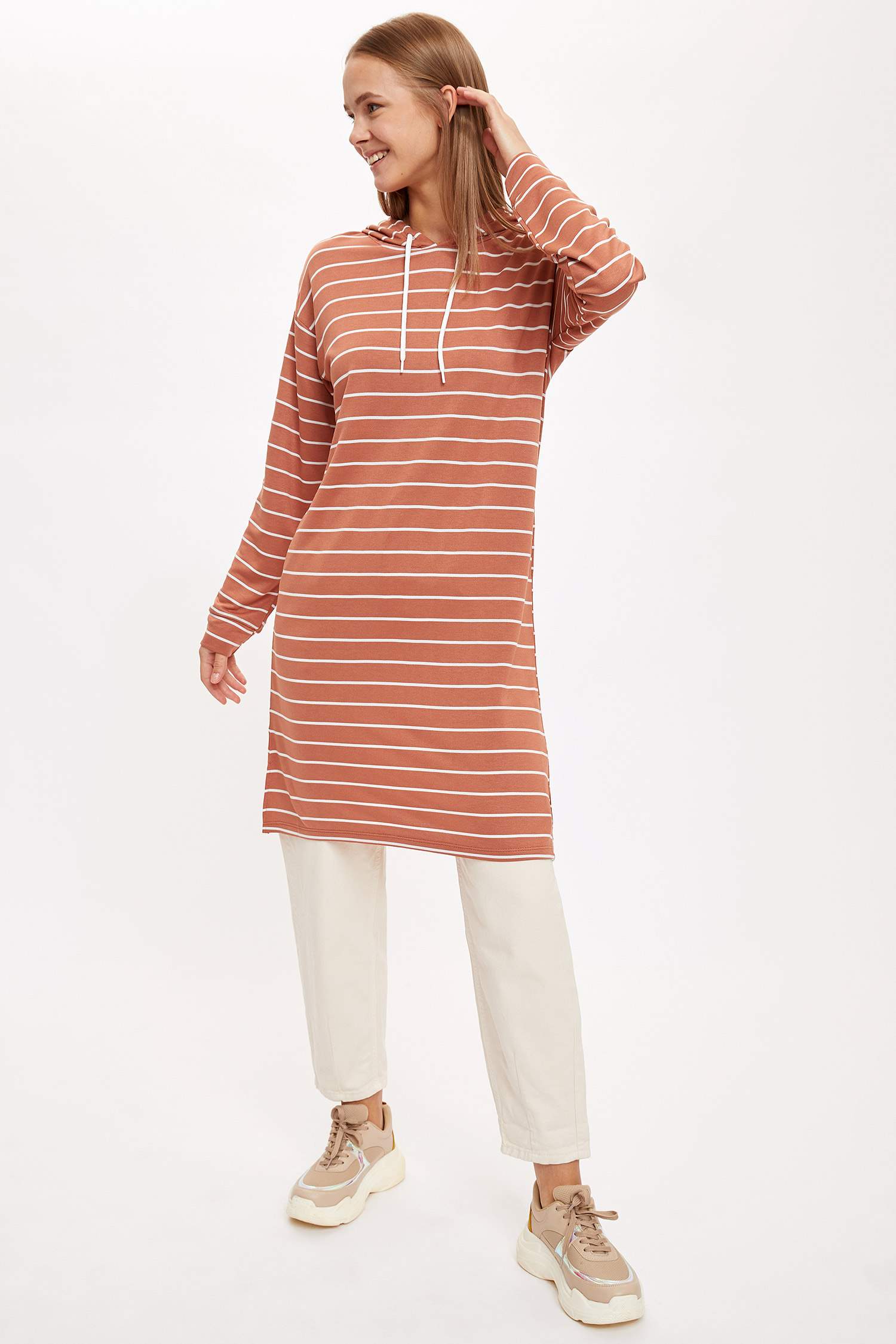 Çizgili Kapüşonlu Sweat Tunik