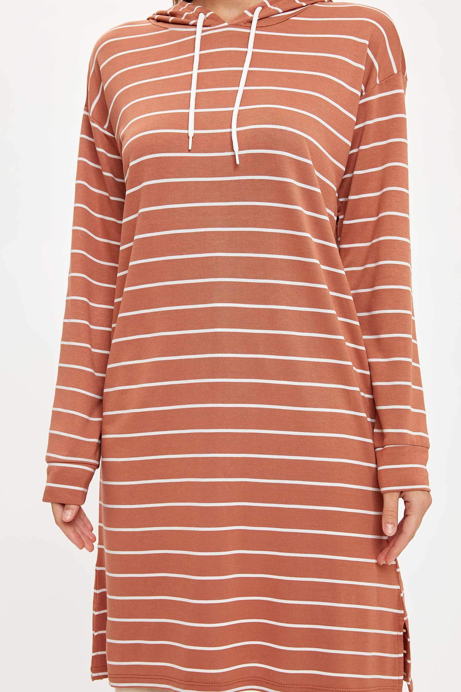 Çizgili Kapüşonlu Sweat Tunik