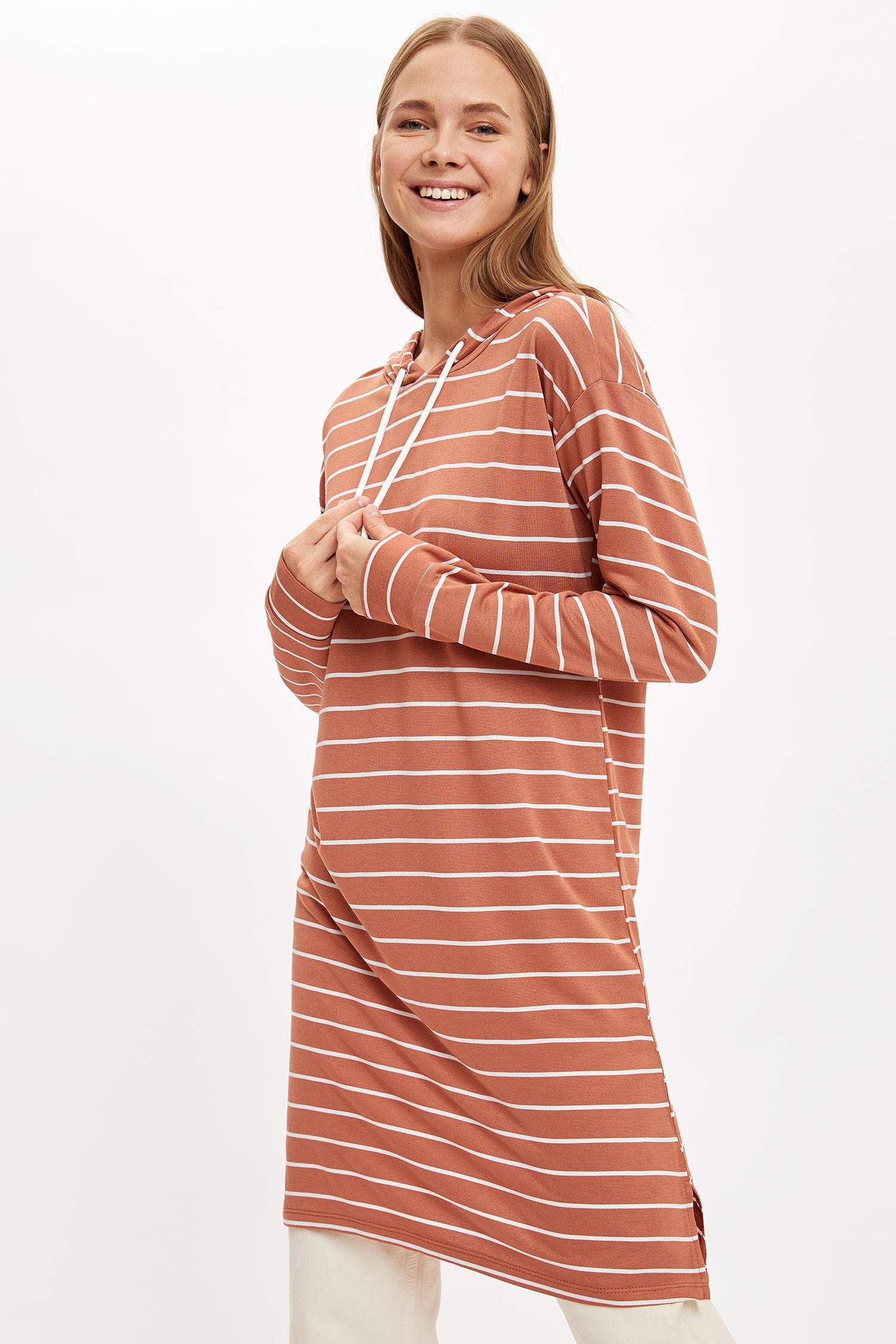 Çizgili Kapüşonlu Sweat Tunik