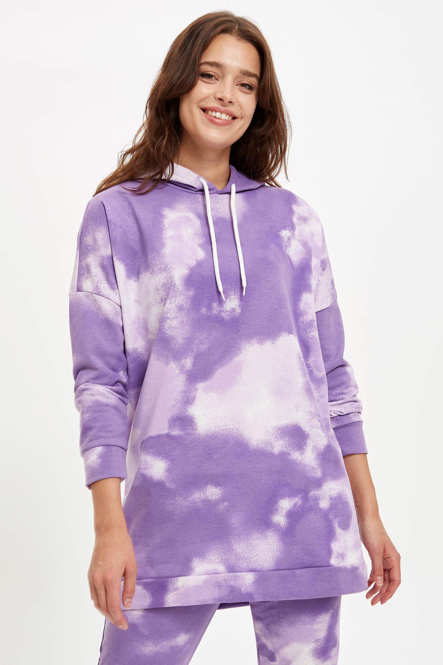 Batik Baskılı Kapüşonlu Sweat Tunik