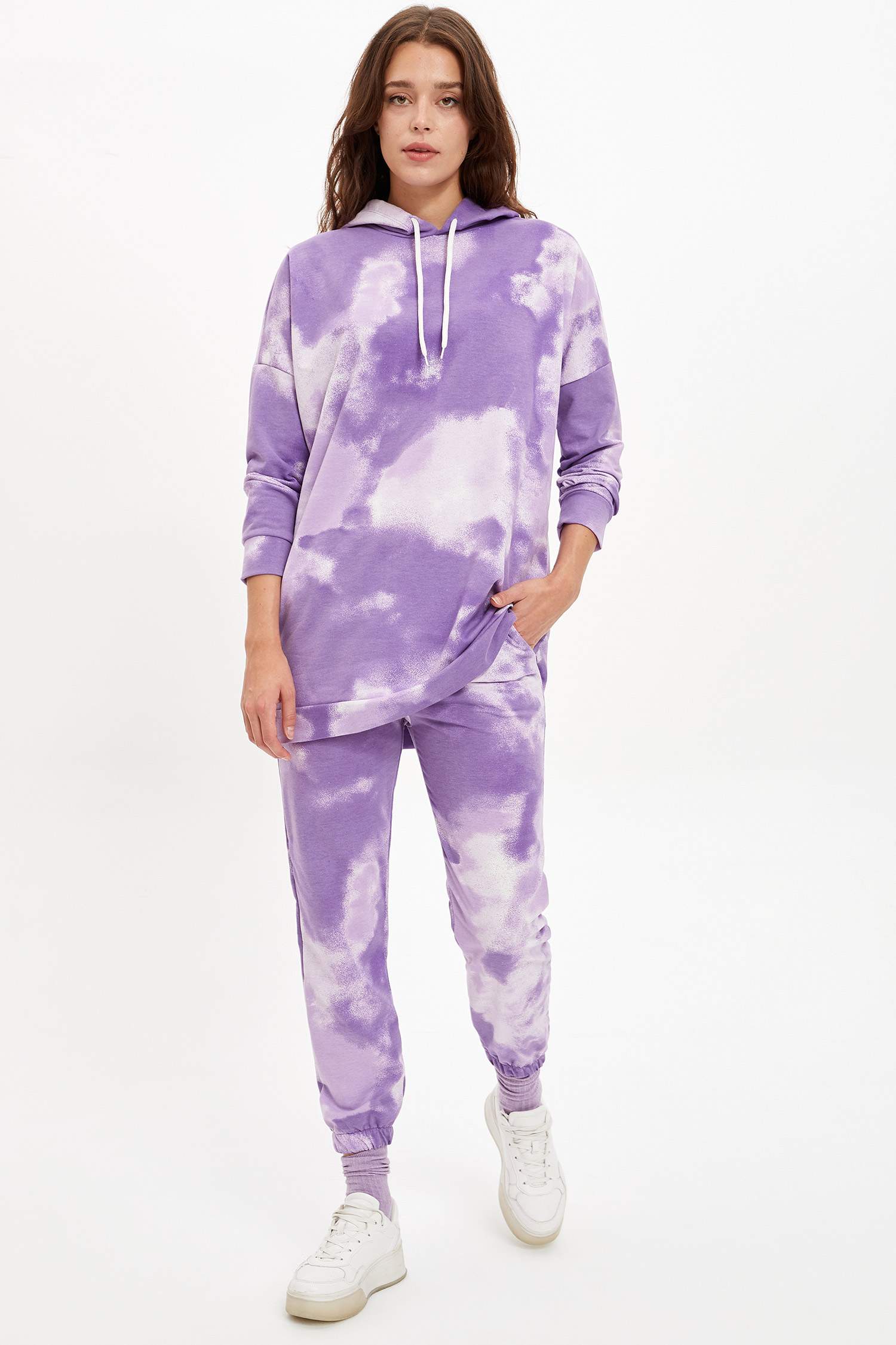 Batik Baskılı Kapüşonlu Sweat Tunik
