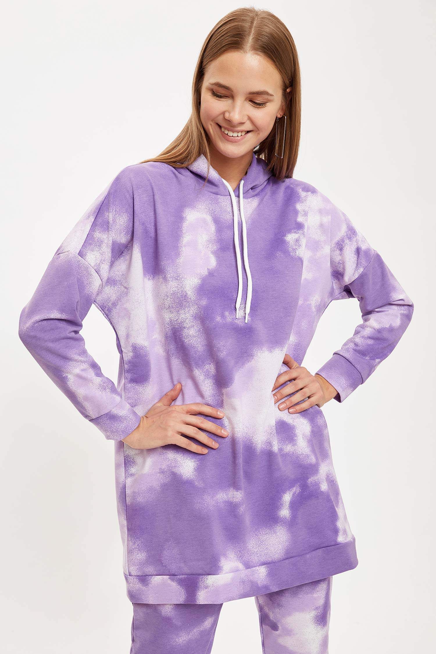 Batik Baskılı Kapüşonlu Sweat Tunik