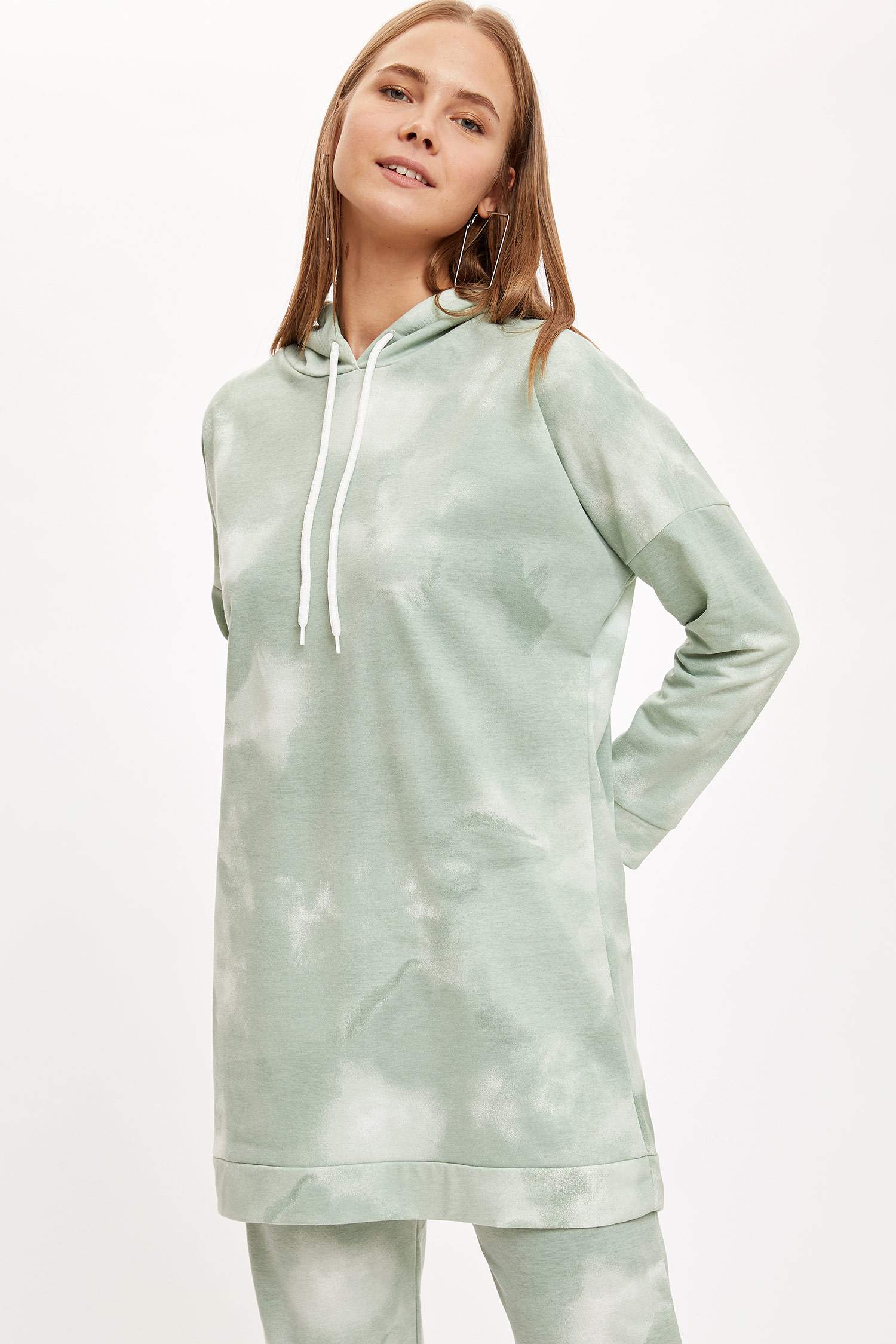 Batik Baskılı Kapüşonlu Sweat Tunik