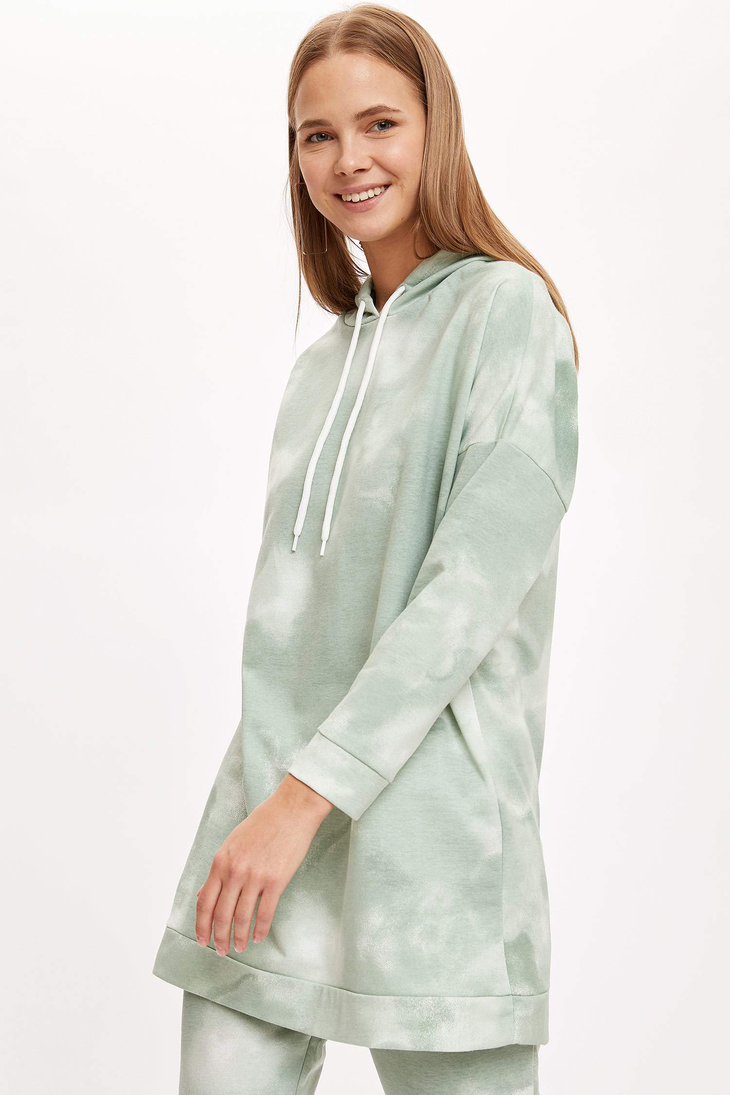 Batik Baskılı Kapüşonlu Sweat Tunik