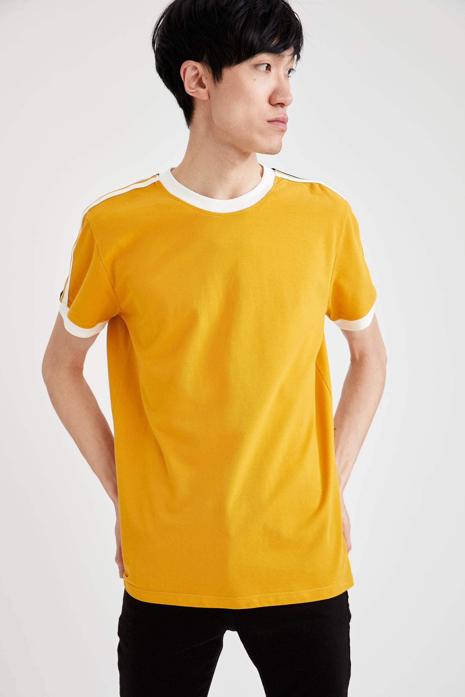 Slim Fit Bisiklet Yaka Şerit Detaylı Pamuklu Kısa Kollu Tişört