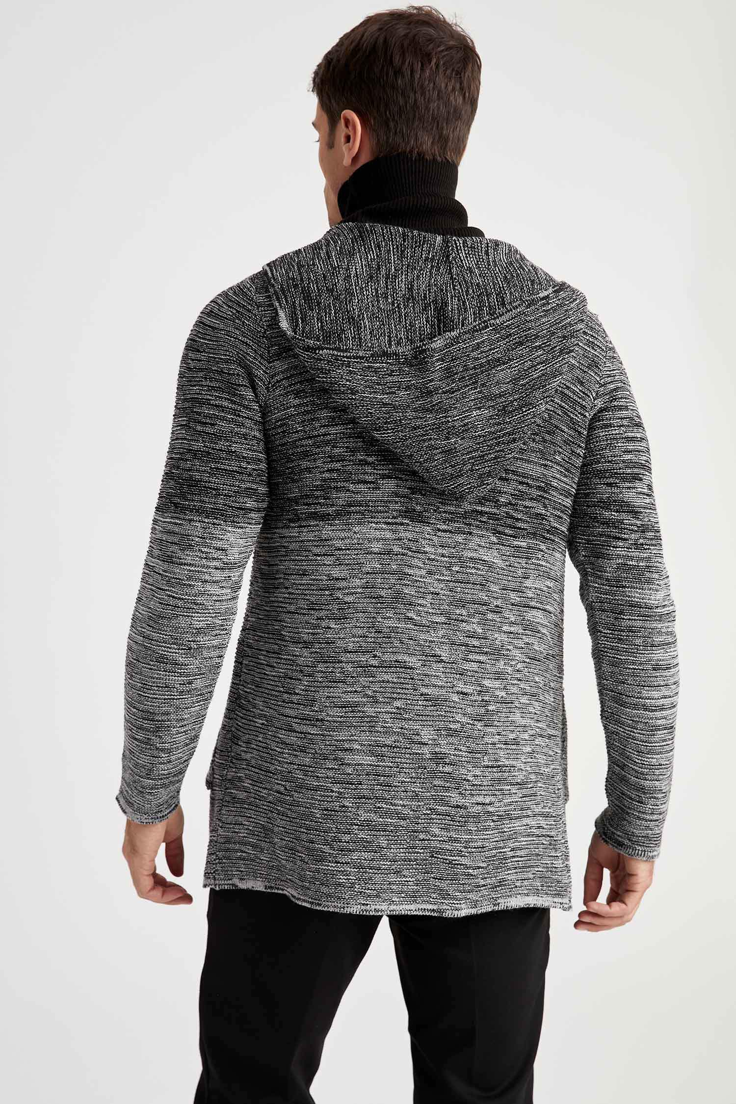 Regular Fit Kapüşonlu Desenli Triko Hırka