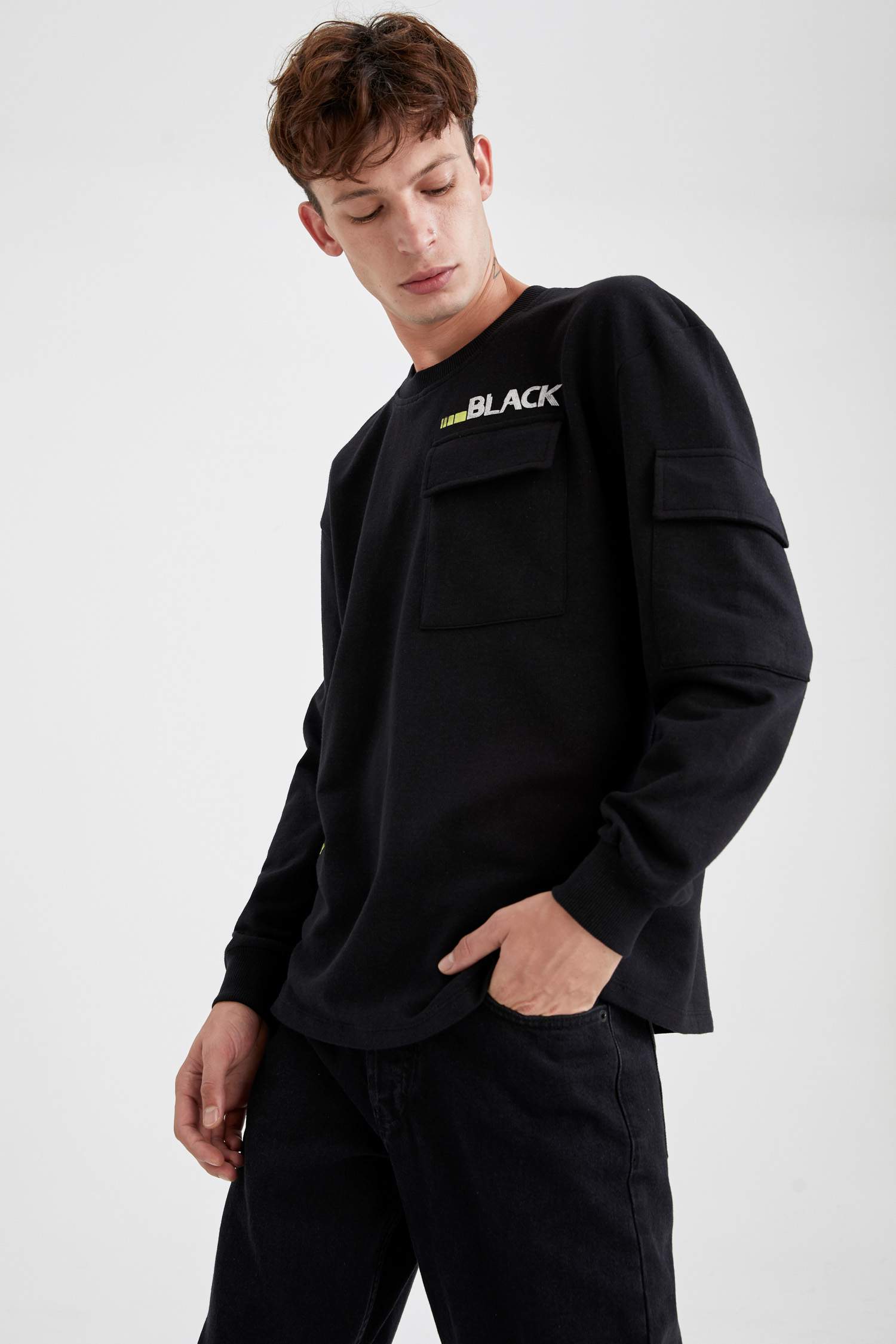 Oversize Fit Baskılı Bisiklet Yaka Sweatshirt