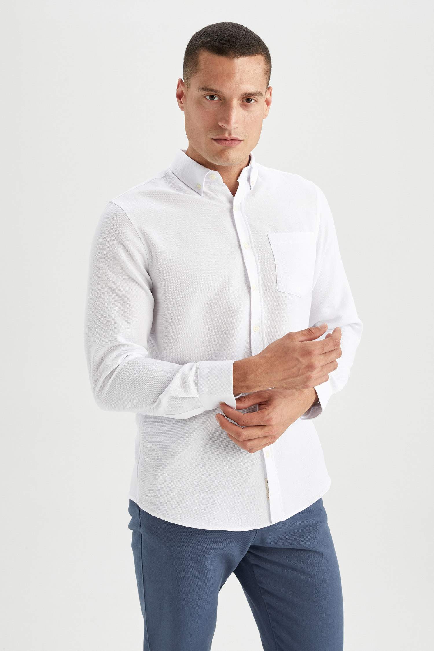 Slim Fit Polo Yaka Geri Dönüşümlü Uzun Kollu Gömlek