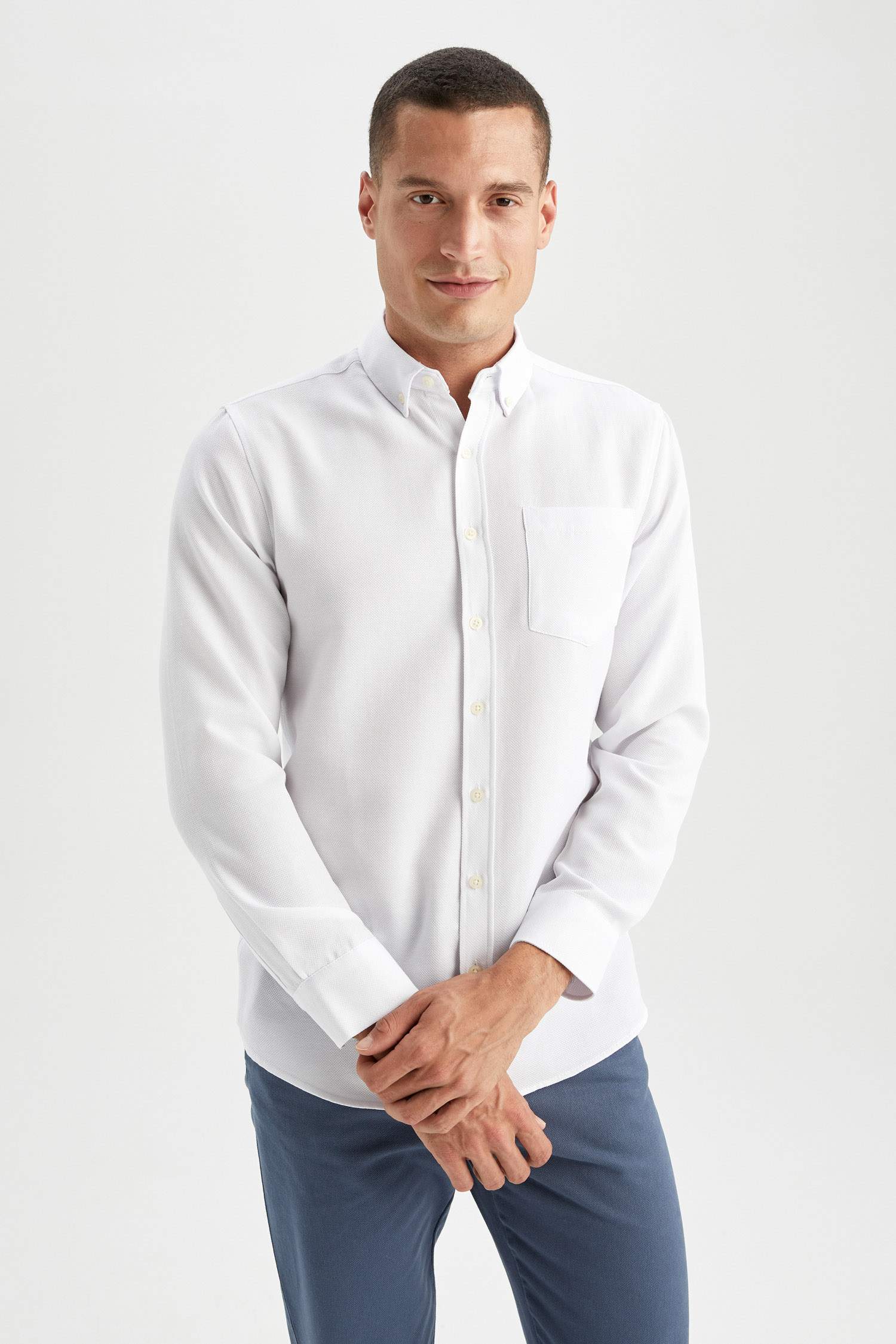 Slim Fit Polo Yaka Geri Dönüşümlü Uzun Kollu Gömlek