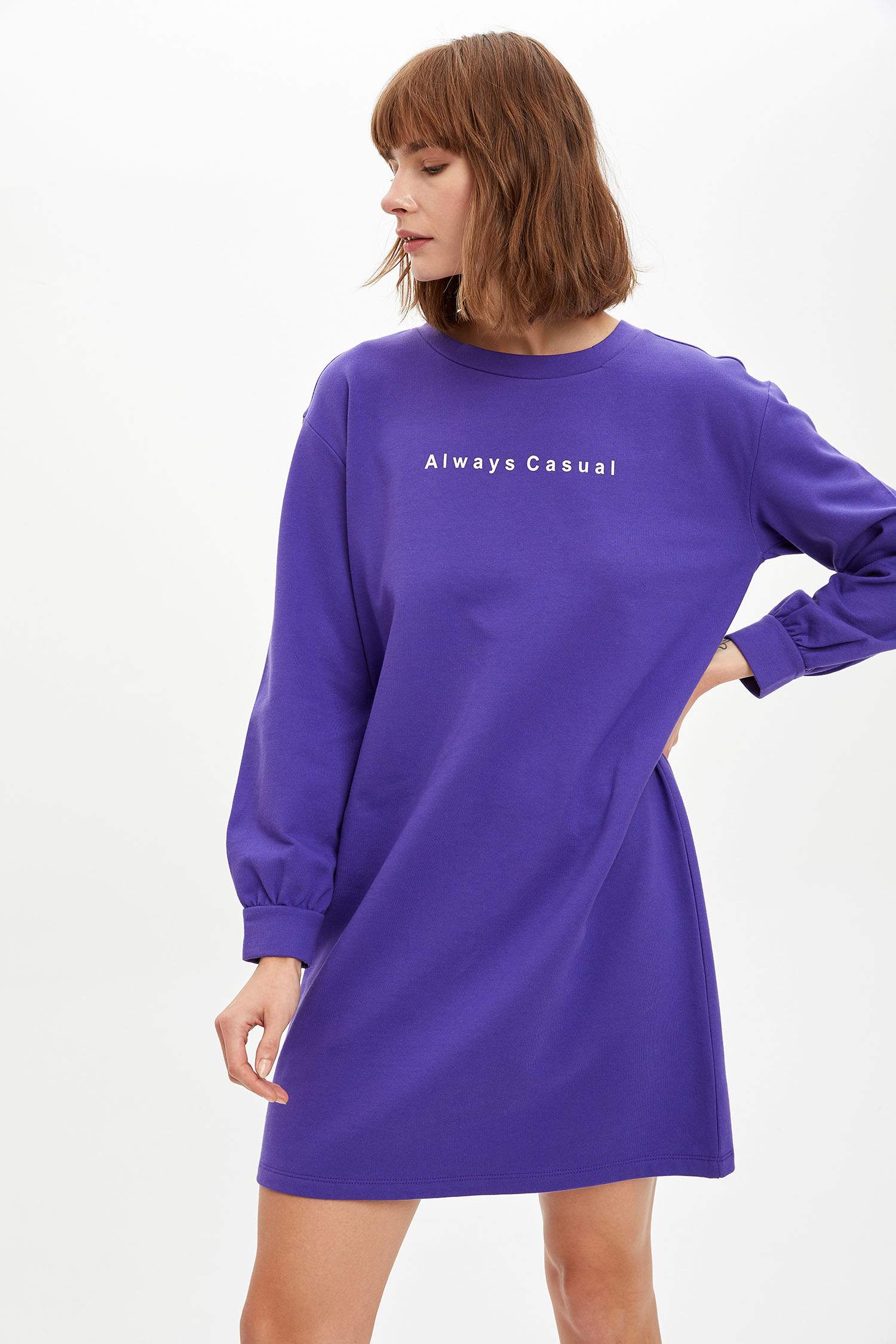 Baskılı Balon Kollu Oversize Elbise