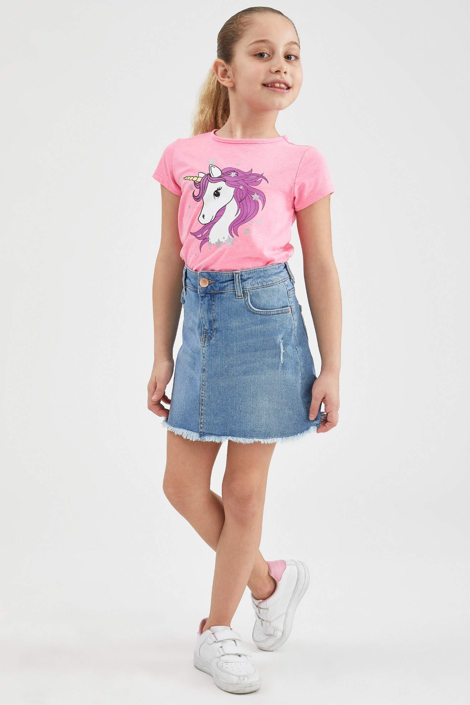 Kız Çocuk Unicorn Baskılı Kısa Kollu Tişört