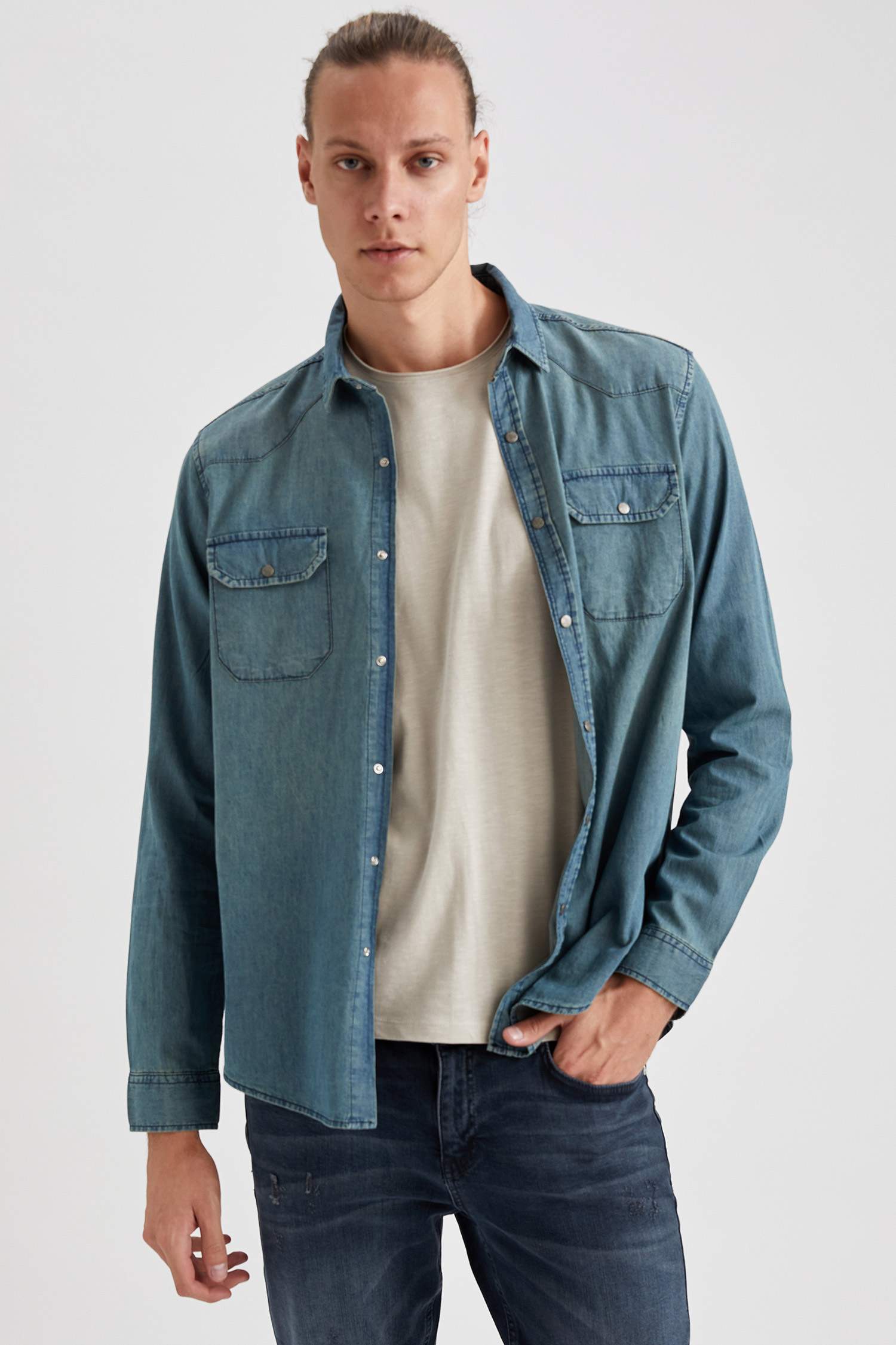 Slim Fit Uzun Kollu Jean Gömlek