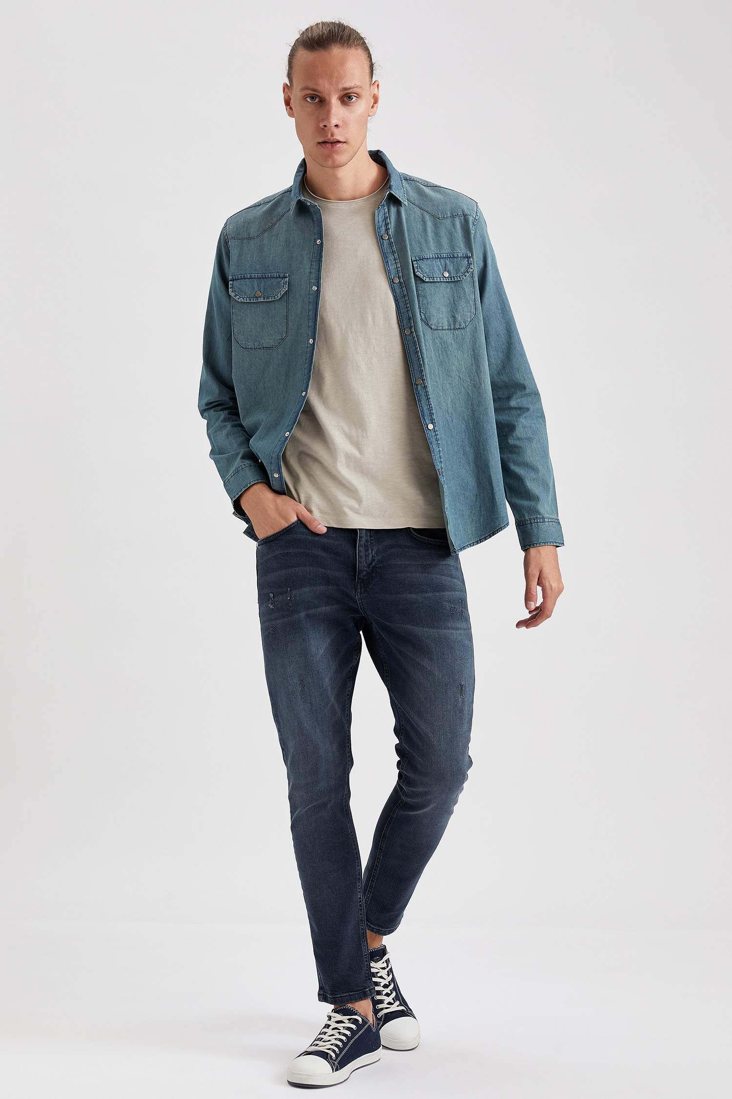 Slim Fit Uzun Kollu Jean Gömlek