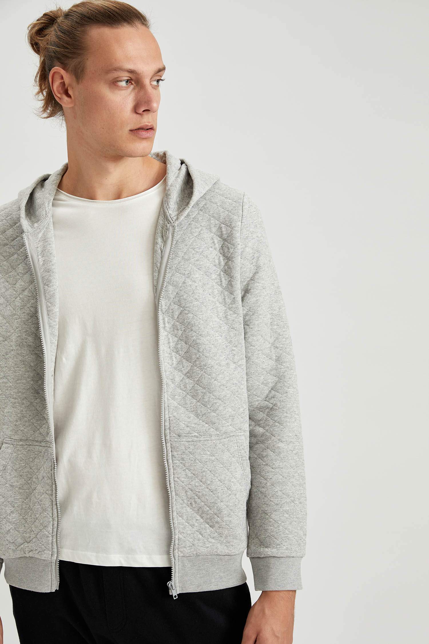 Slim Fit Kapüşonlu Fermuarlı Uzun Kollu Sweatshirt