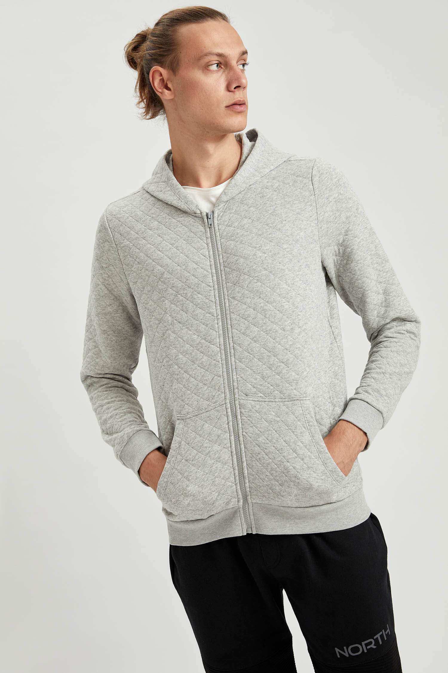 Slim Fit Kapüşonlu Fermuarlı Uzun Kollu Sweatshirt