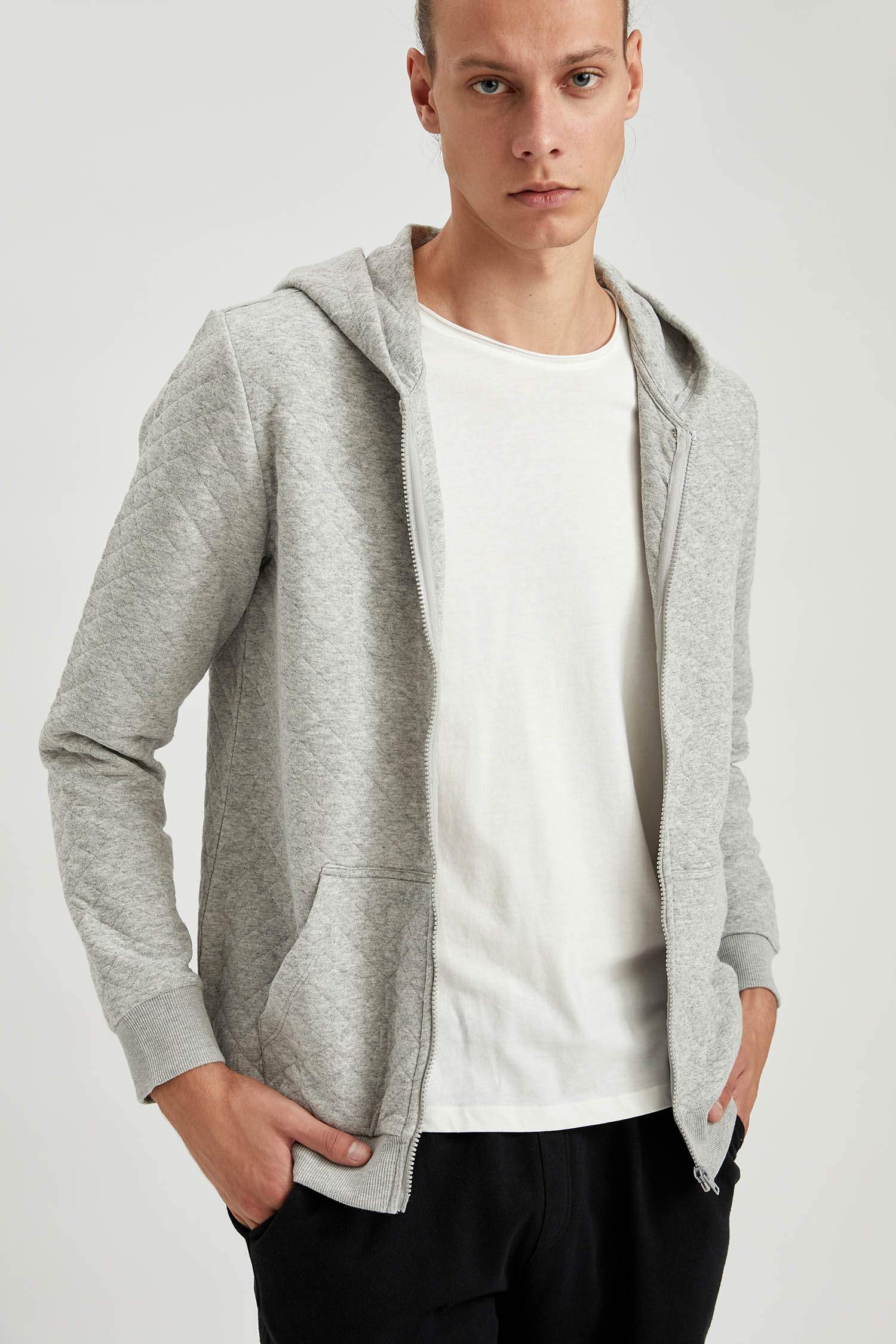 Slim Fit Kapüşonlu Fermuarlı Uzun Kollu Sweatshirt
