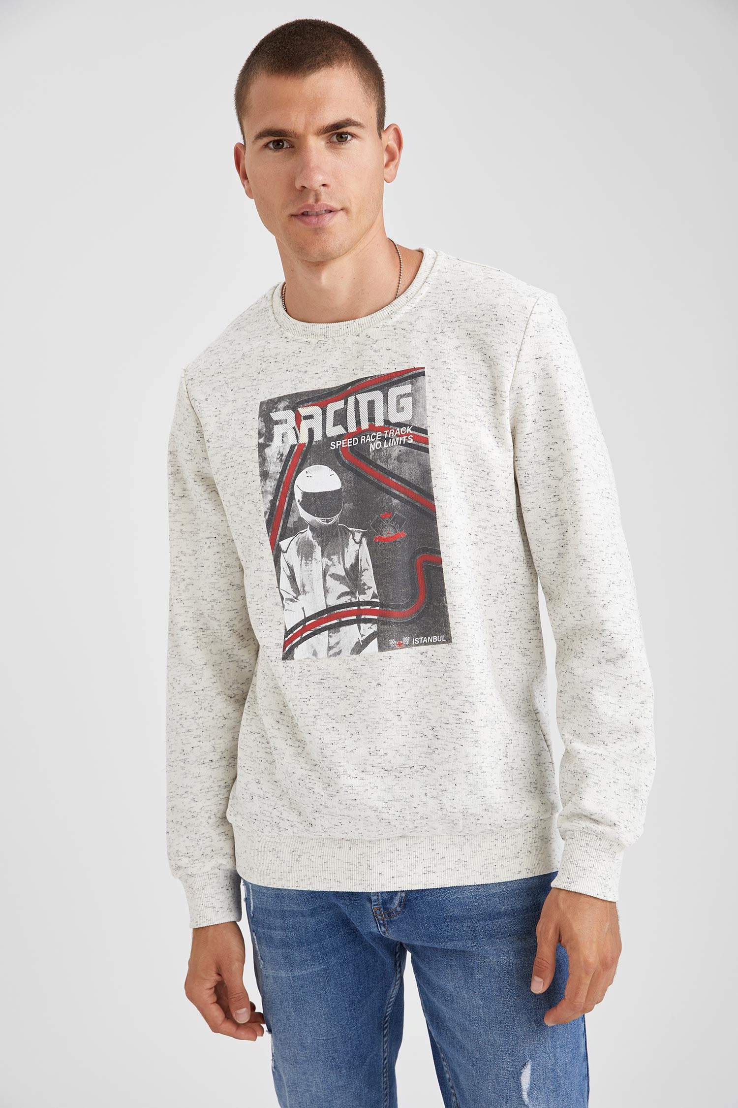 Racing Baskılı Kapüşonlu Slim Fit Sweatshirt