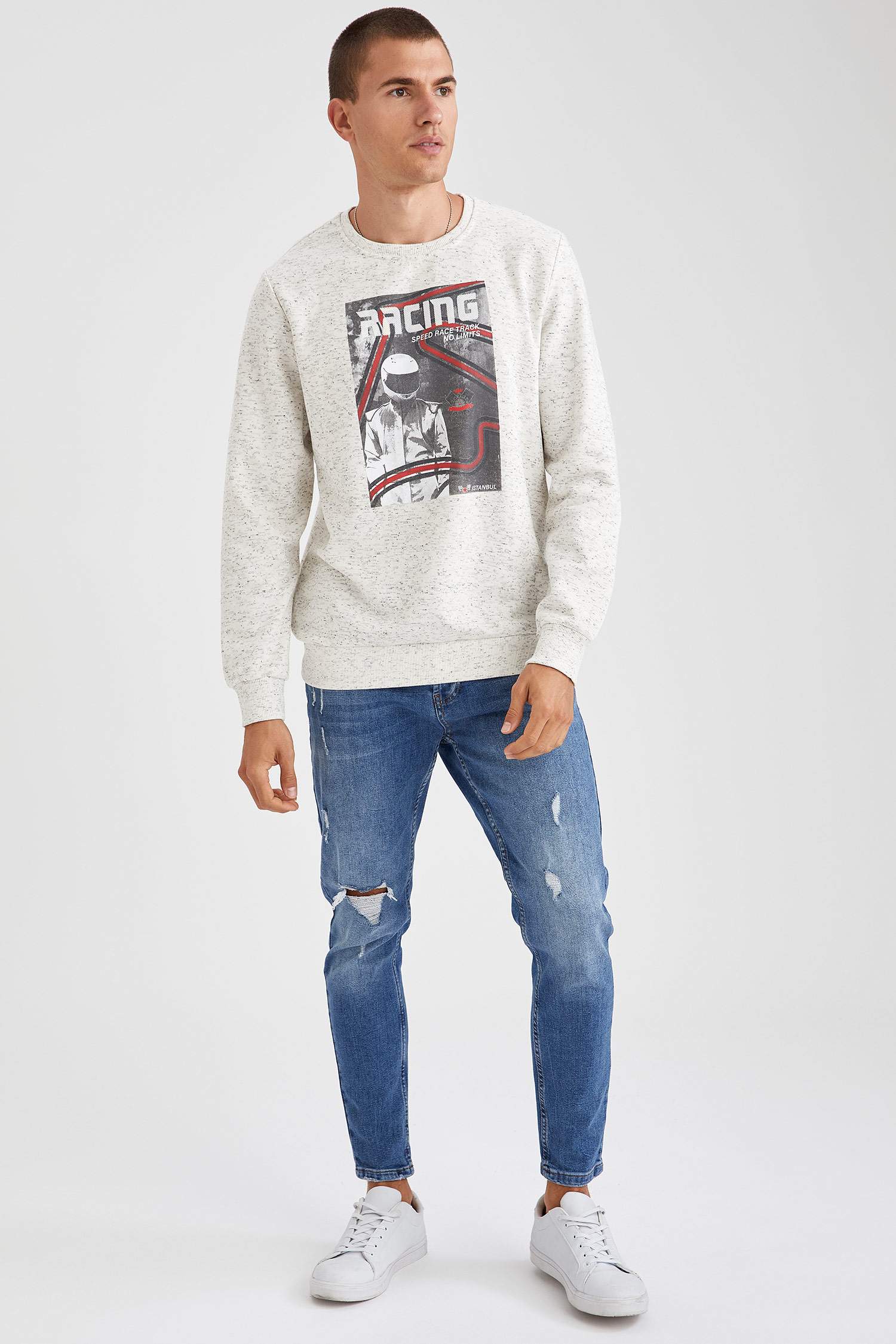 Racing Baskılı Kapüşonlu Slim Fit Sweatshirt