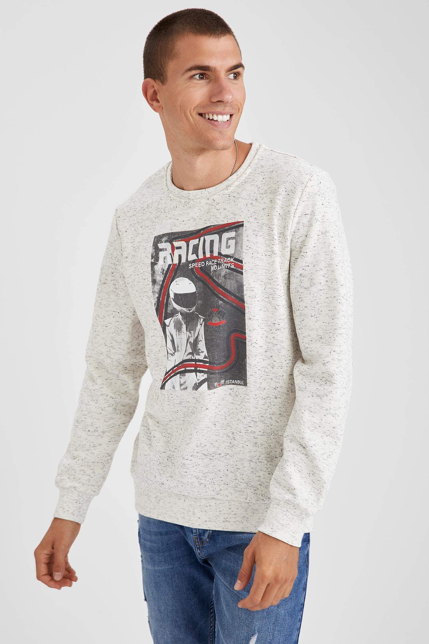 Racing Baskılı Kapüşonlu Slim Fit Sweatshirt