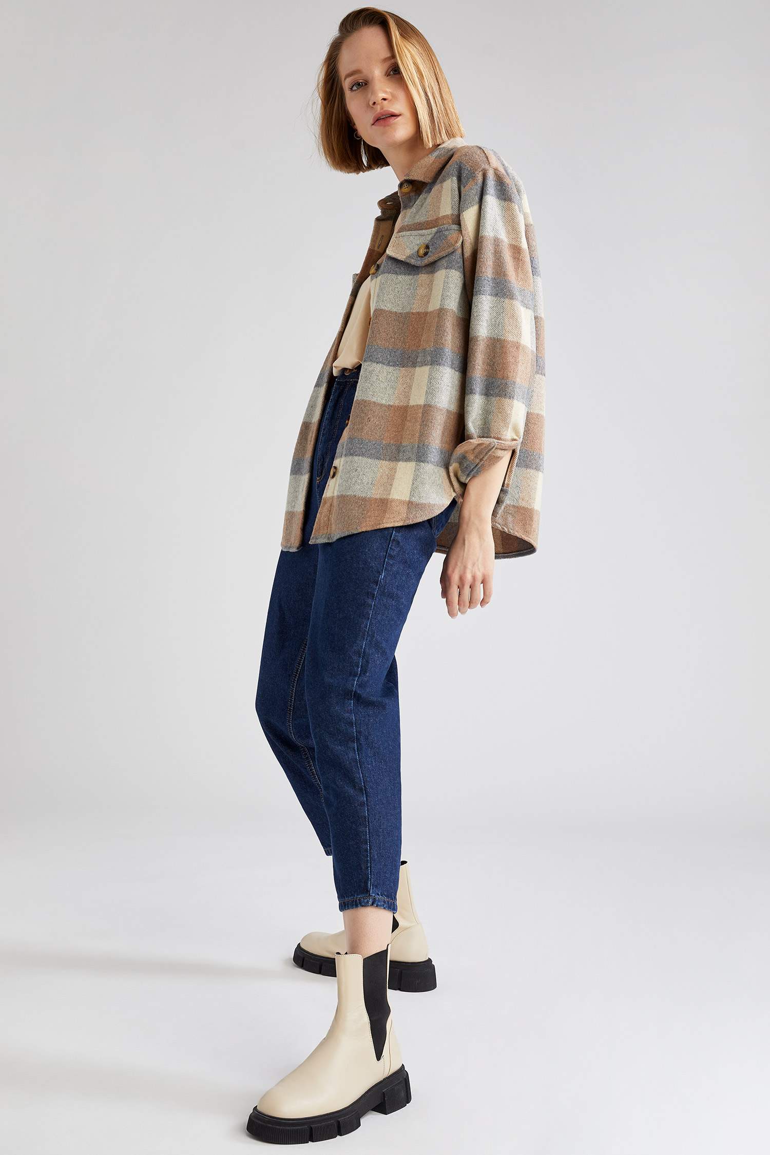 Retro Kareli Oversize Fit Dokuma Gömlek Ceket