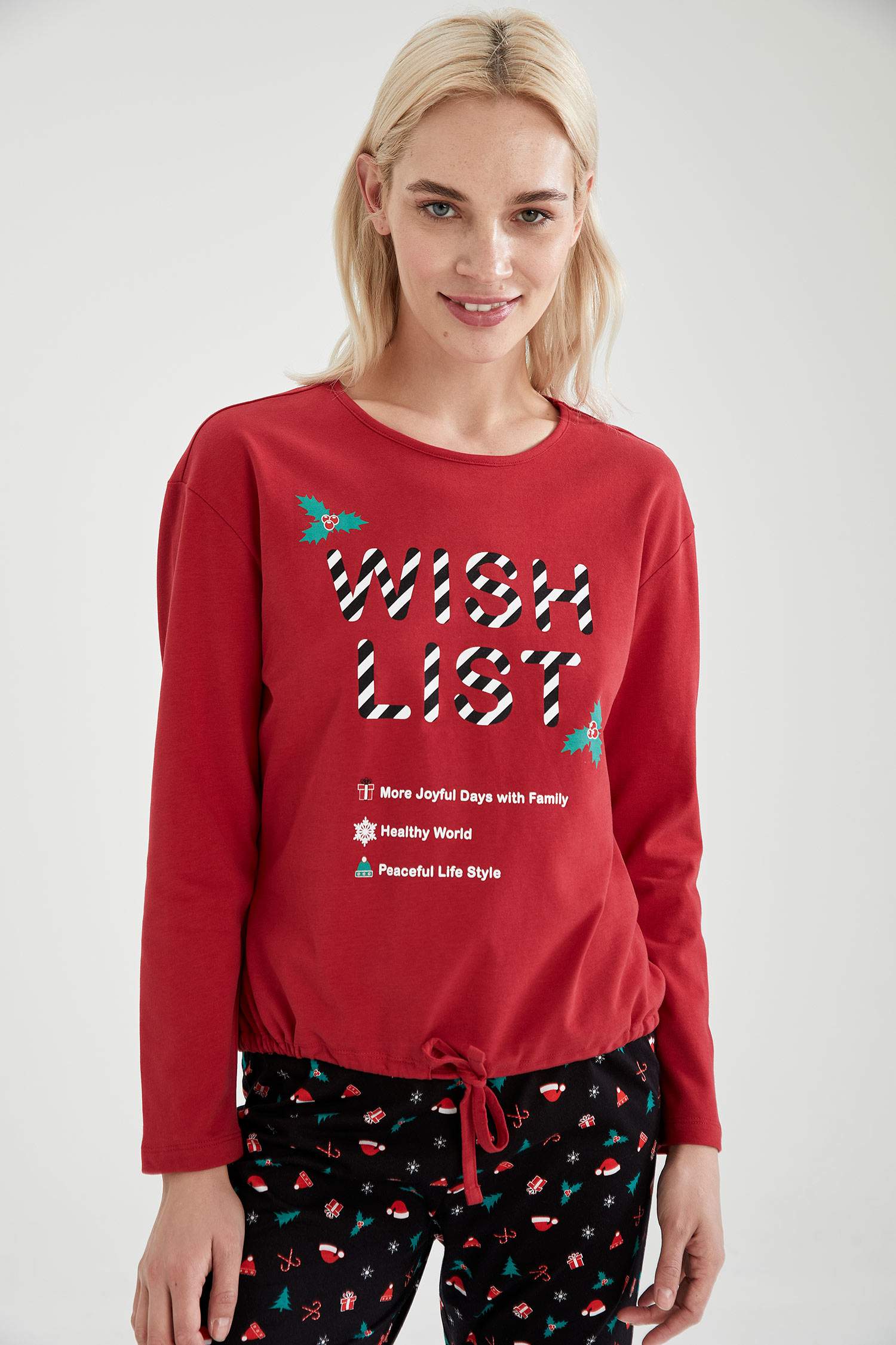 Fall In Love Regular Fit Yılbaşı Temalı Baskılı Uzun Kollu Pijama Takımı