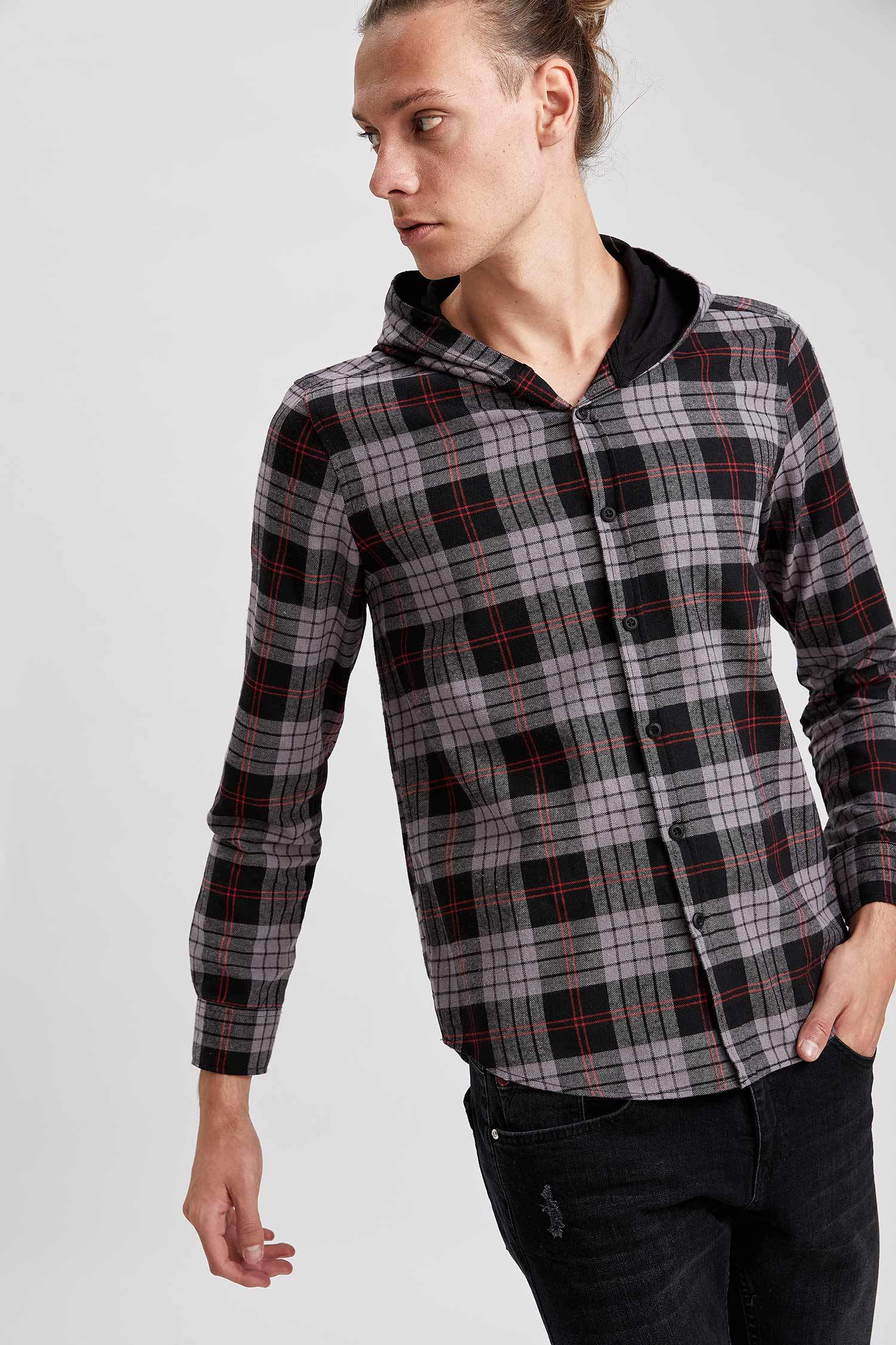 Slim Fit Uzun Kollu Kapüşonlu Ekose Gömlek