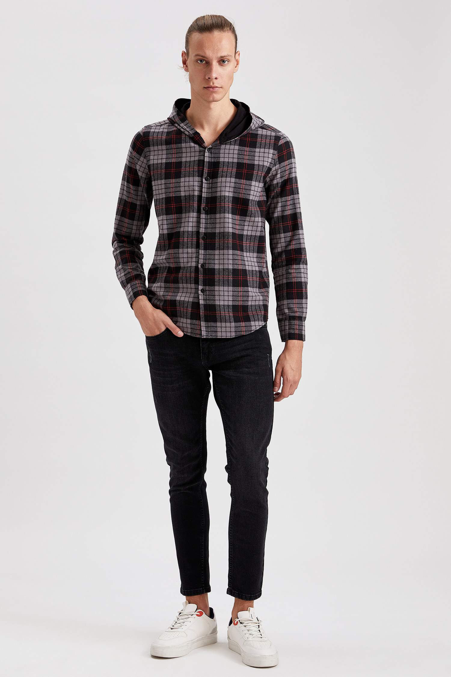 Slim Fit Uzun Kollu Kapüşonlu Ekose Gömlek