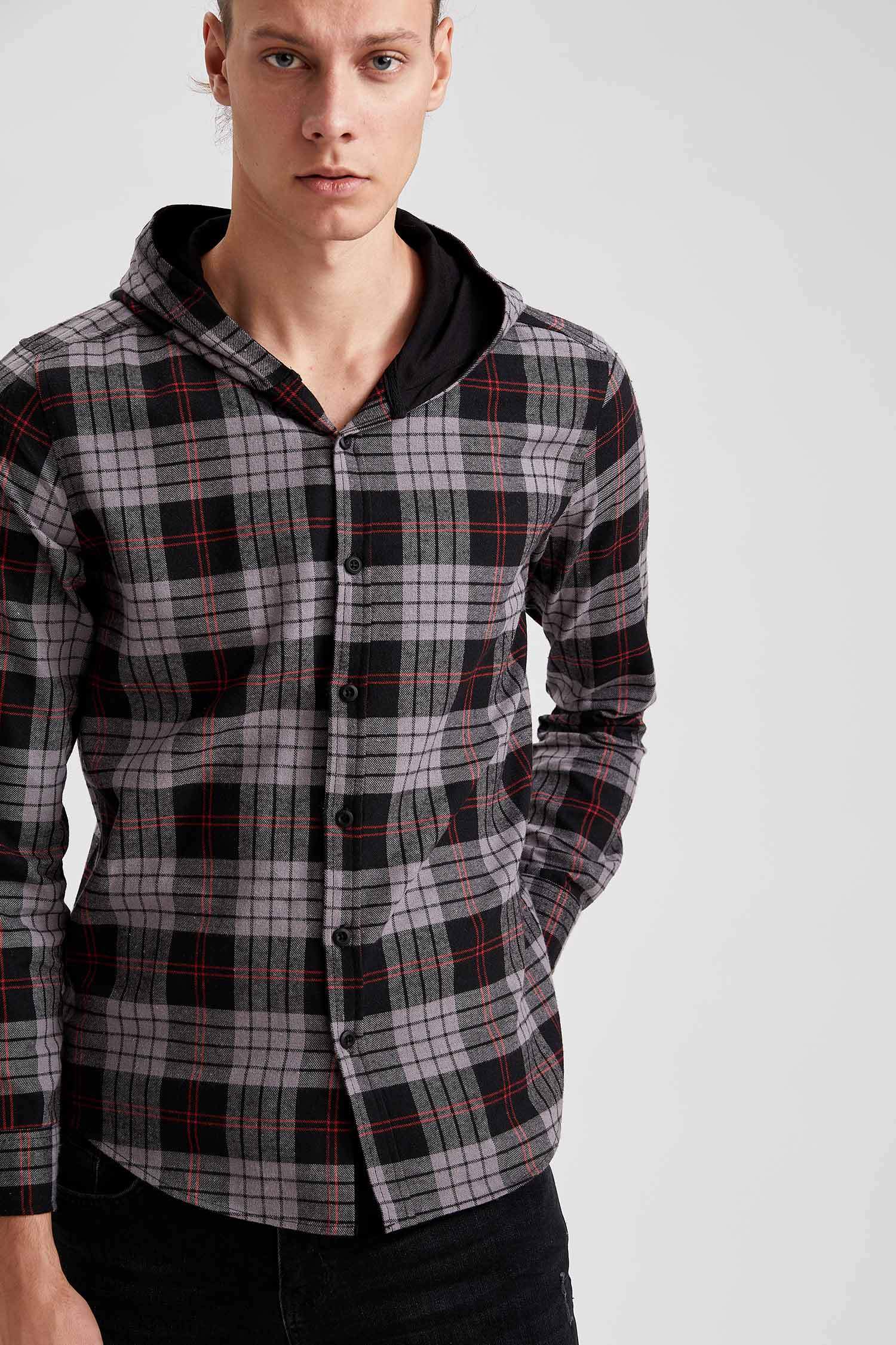 Slim Fit Uzun Kollu Kapüşonlu Ekose Gömlek