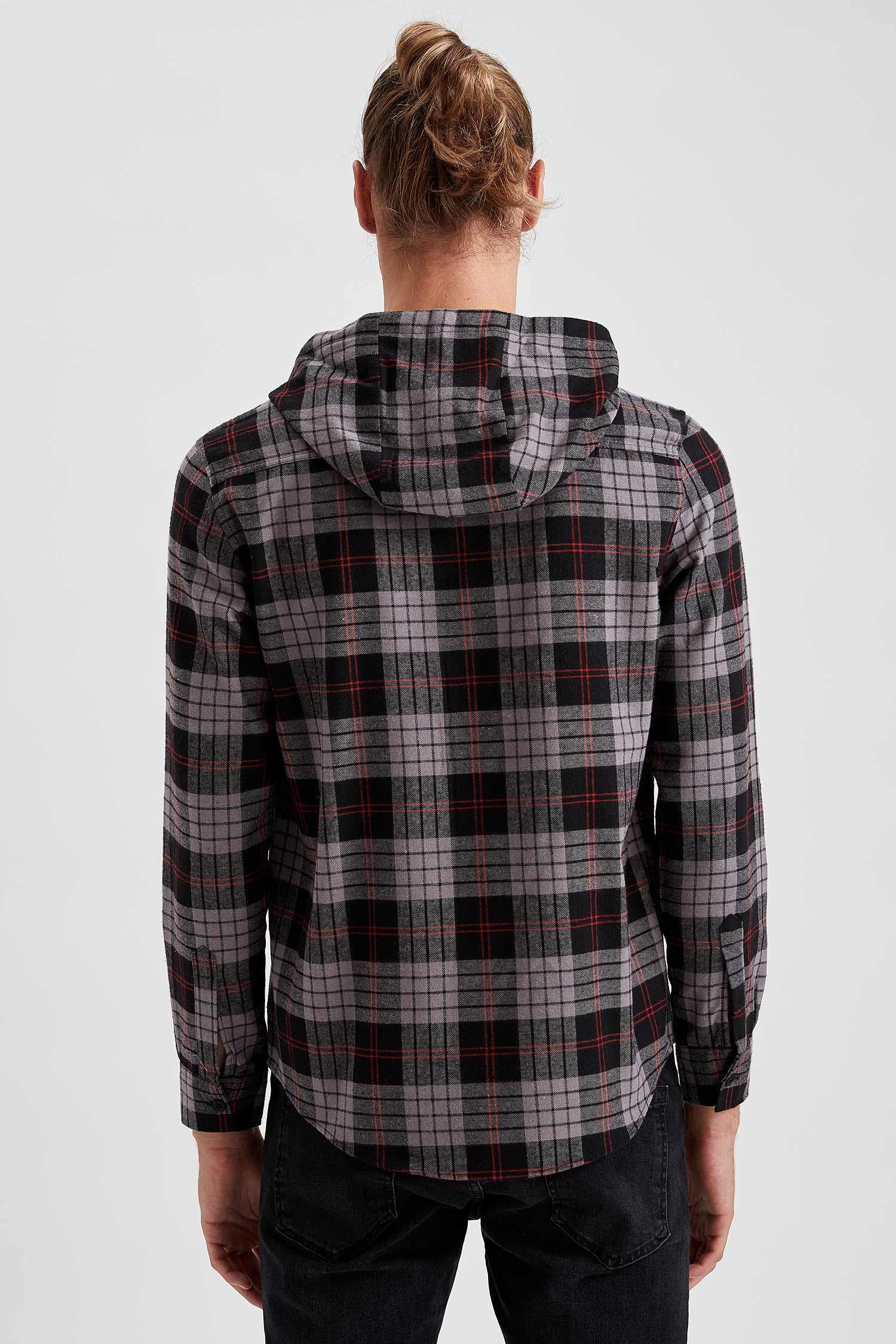 Slim Fit Uzun Kollu Kapüşonlu Ekose Gömlek