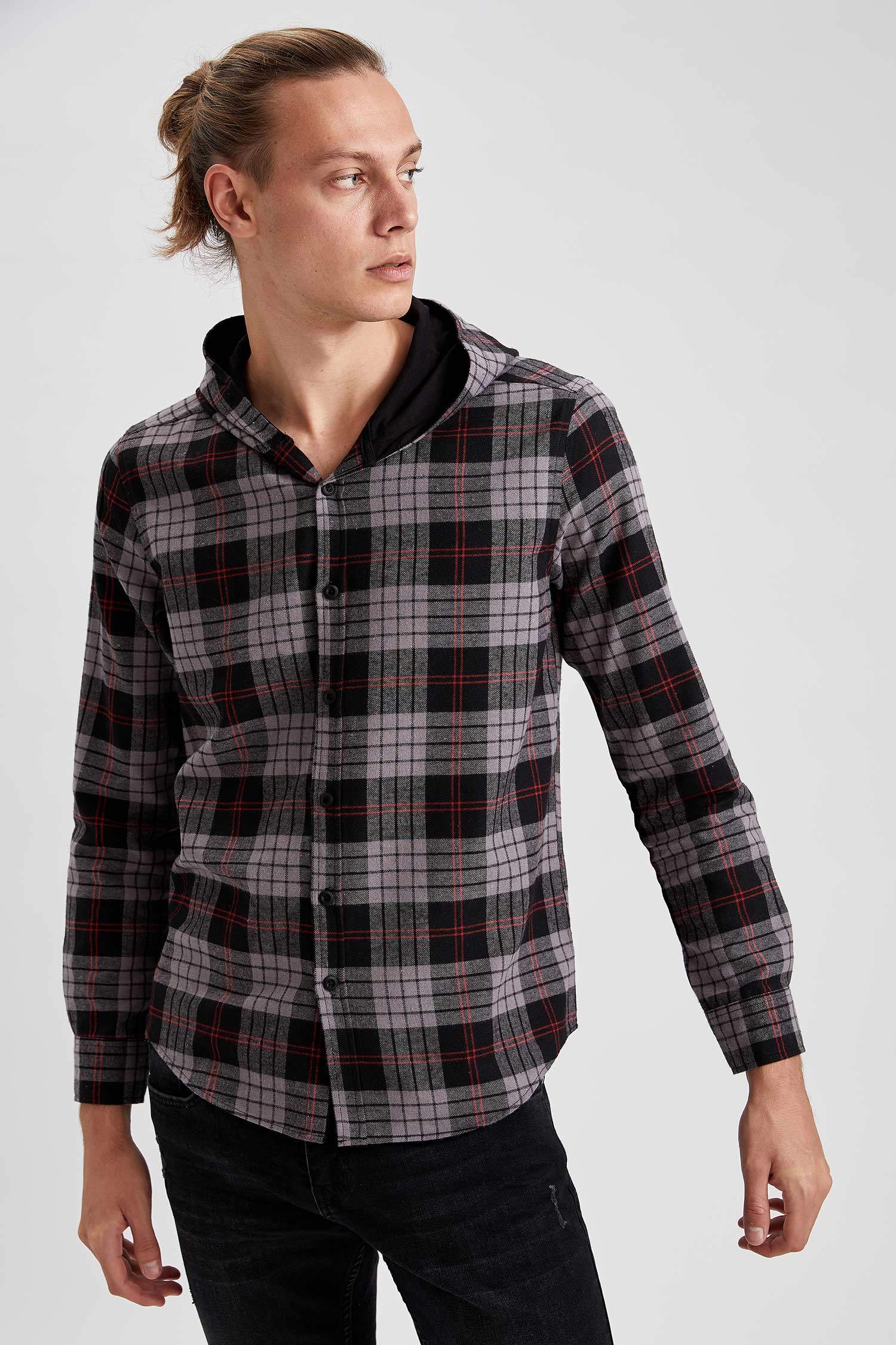 Slim Fit Uzun Kollu Kapüşonlu Ekose Gömlek