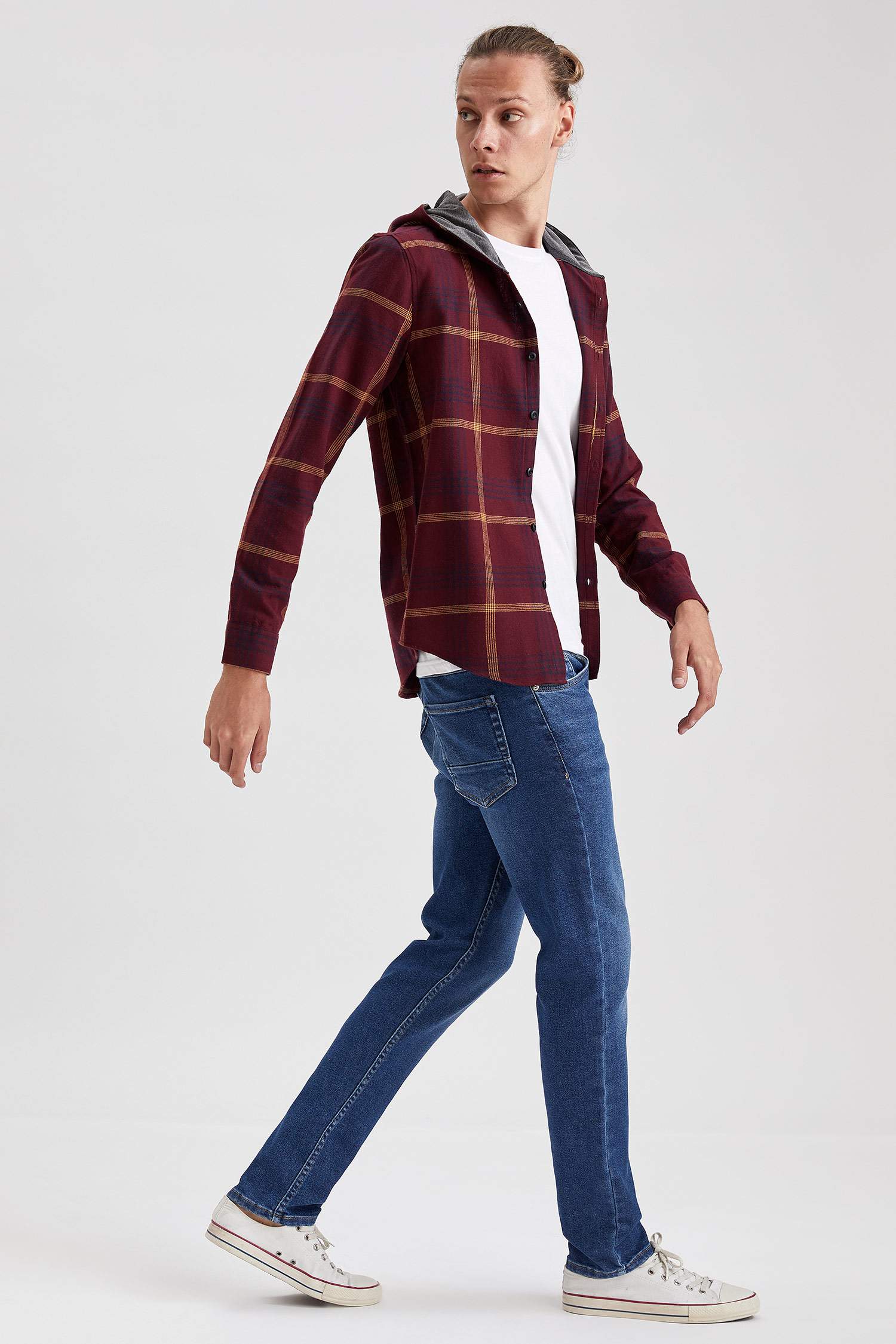 Slim Fit Uzun Kollu Kapüşonlu Ekose Gömlek
