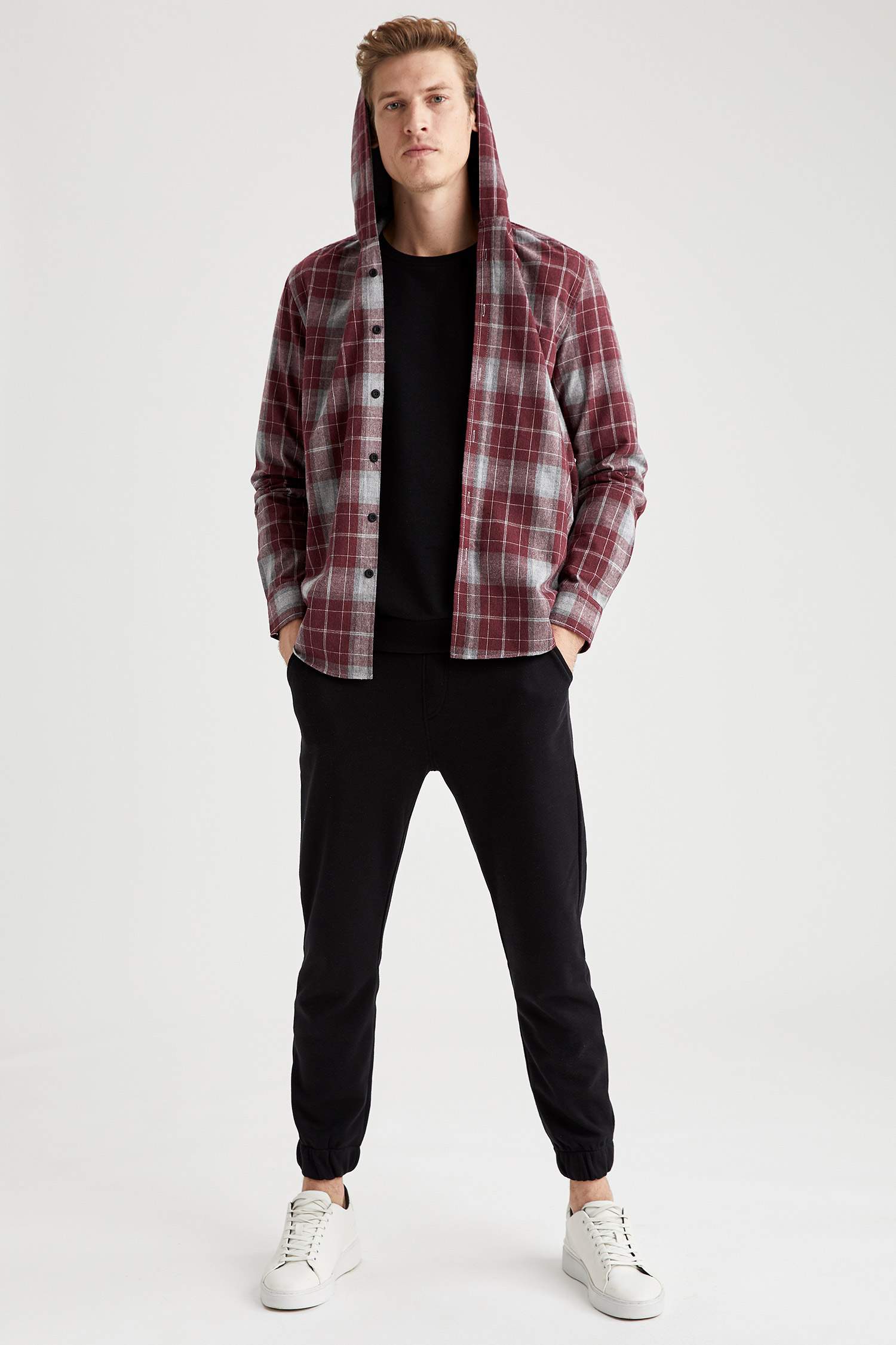 Slim Fit Uzun Kollu Kapüşonlu Ekose Gömlek