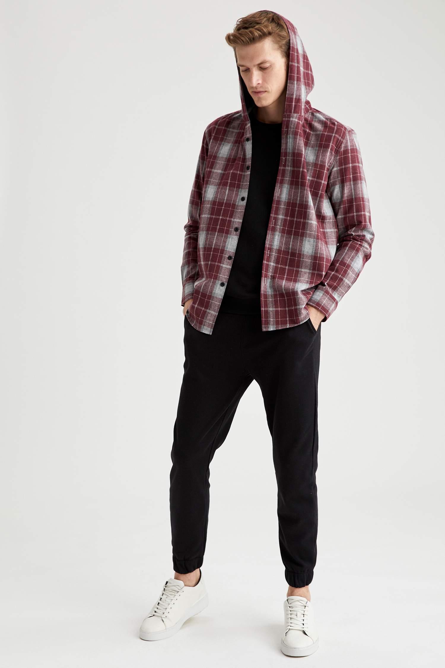 Slim Fit Uzun Kollu Kapüşonlu Ekose Gömlek