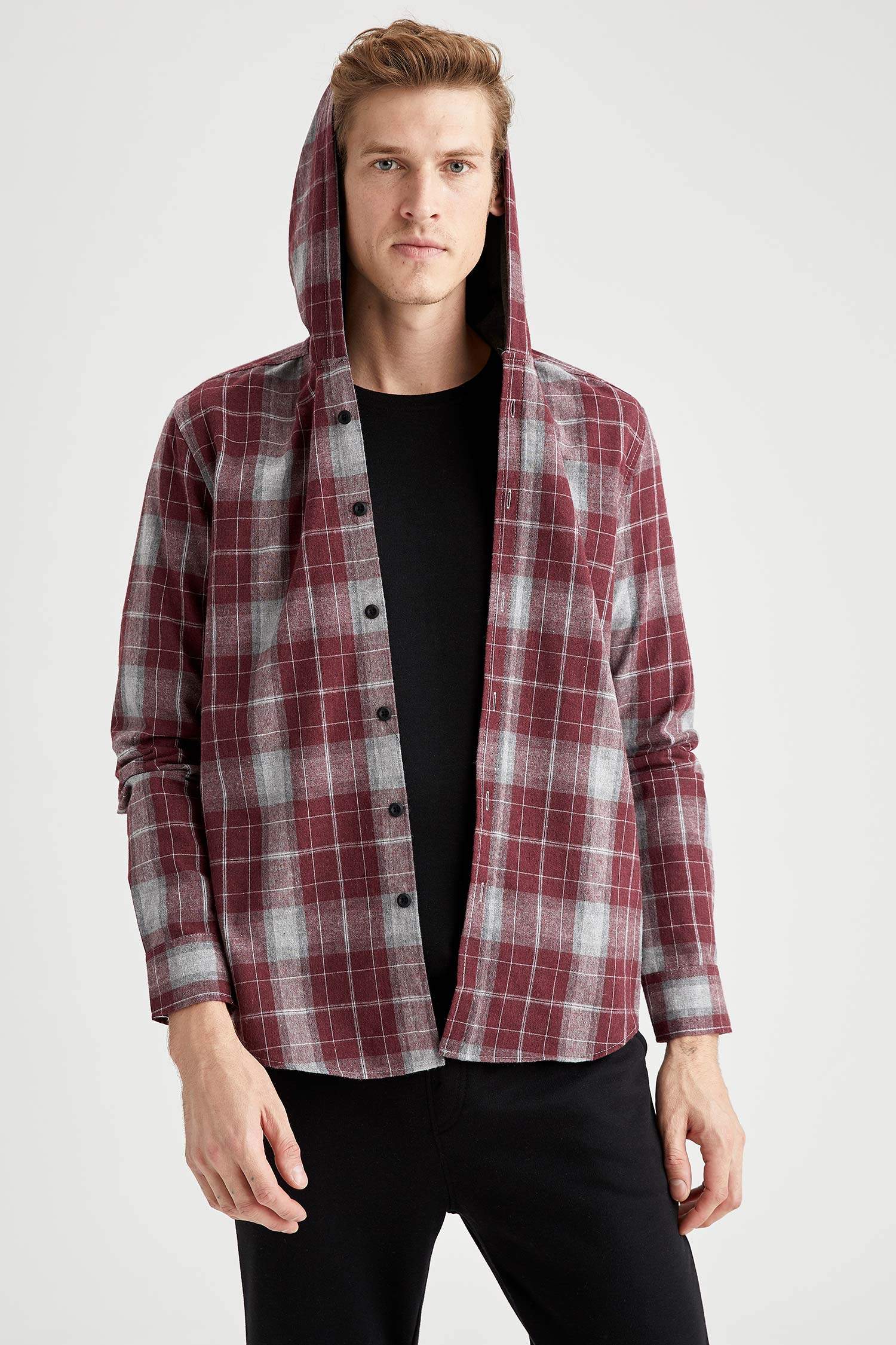 Slim Fit Uzun Kollu Kapüşonlu Ekose Gömlek