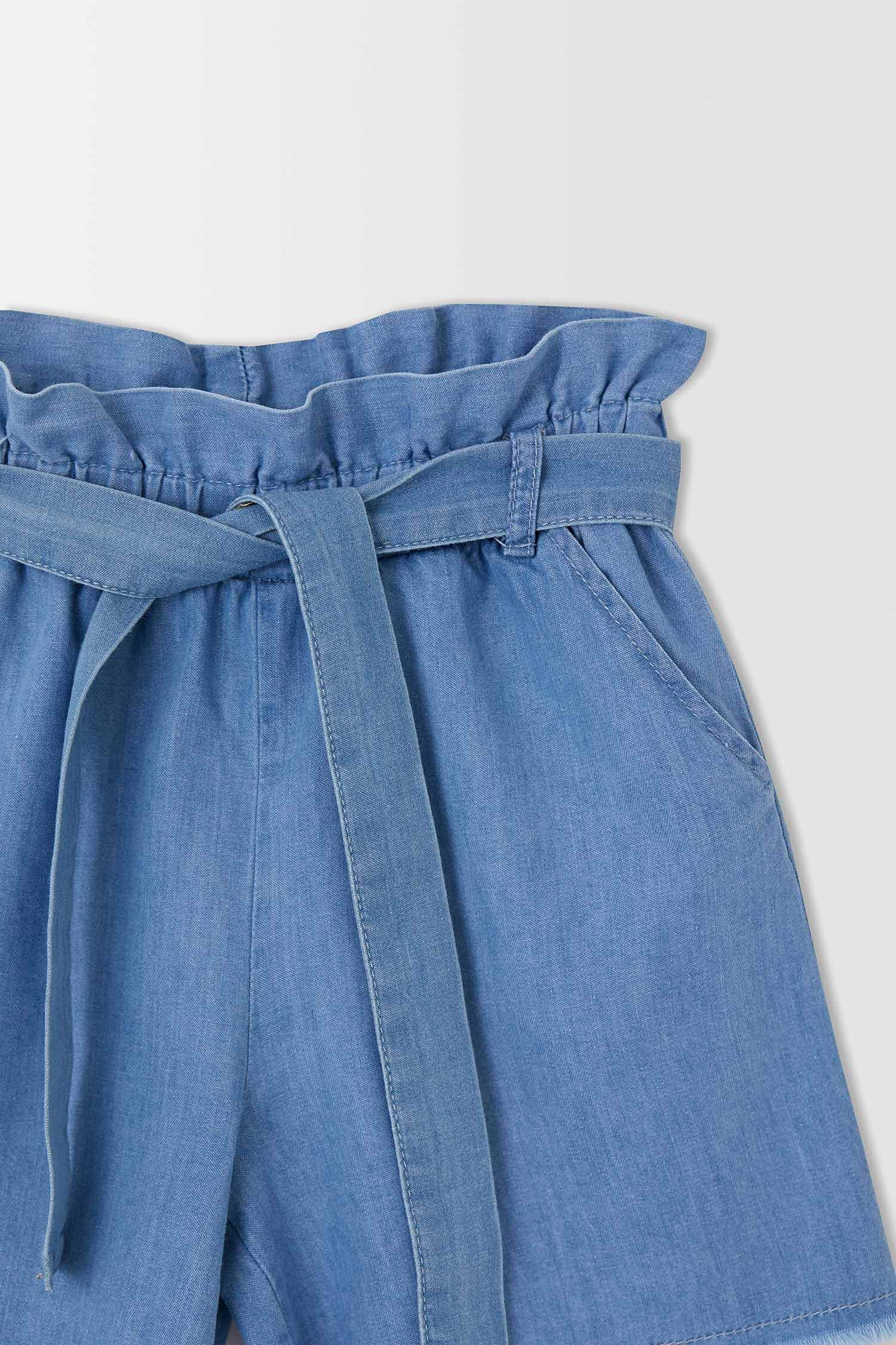 Kız Çocuk Paperbag Esnek Belli Kuşaklı Jean Şort