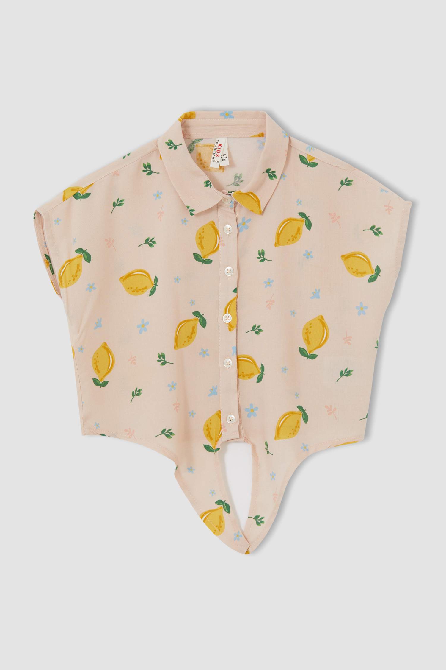 Kız Çocuk Limon Desenli Bağlama Detaylı Kısa Kollu Crop Gömlek