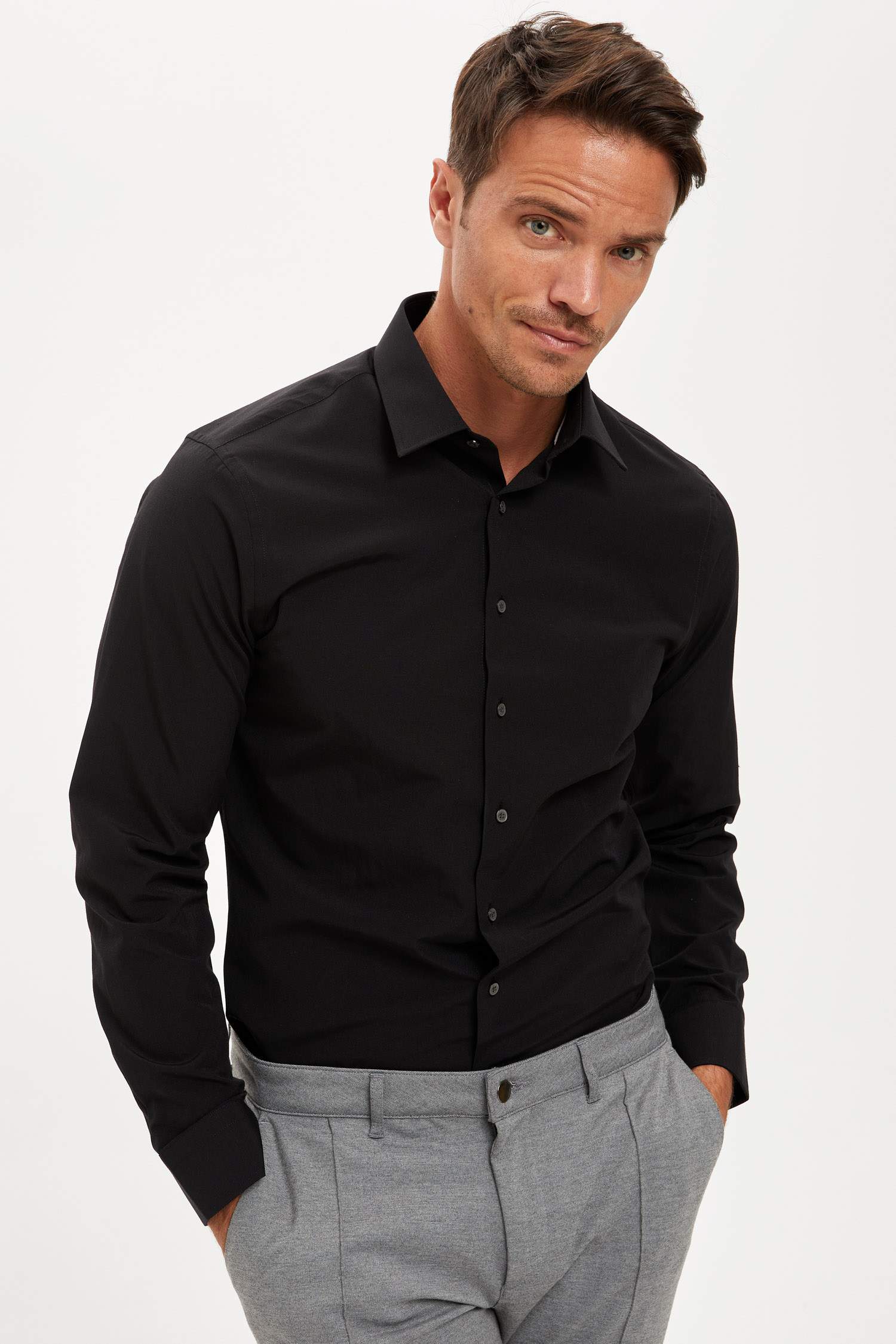 Poplin Slim Fit Polo Yaka Uzun Kollu Gömlek