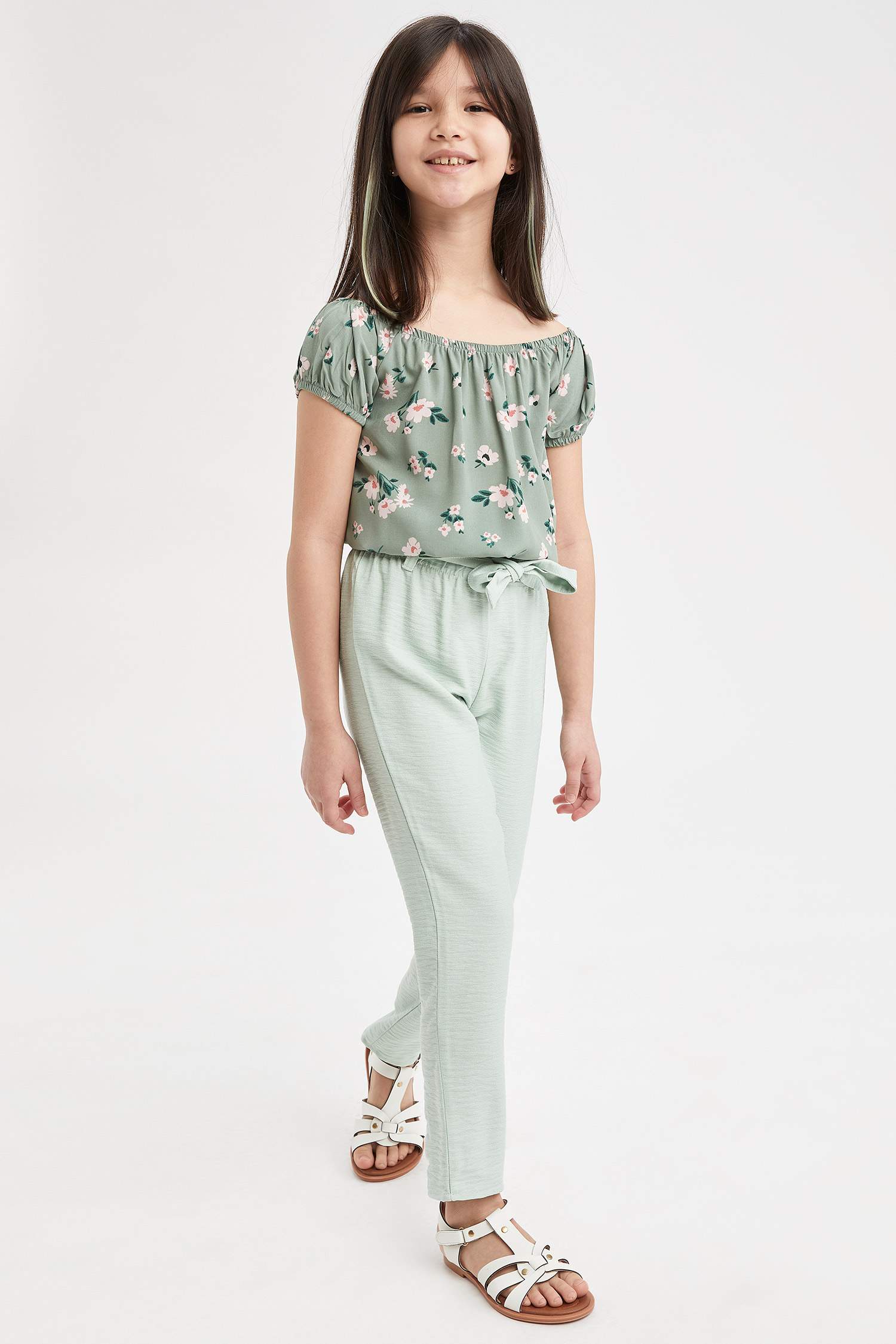 Kız Çocuk Çiçek Desenli Kısa Kollu Crop Bluz