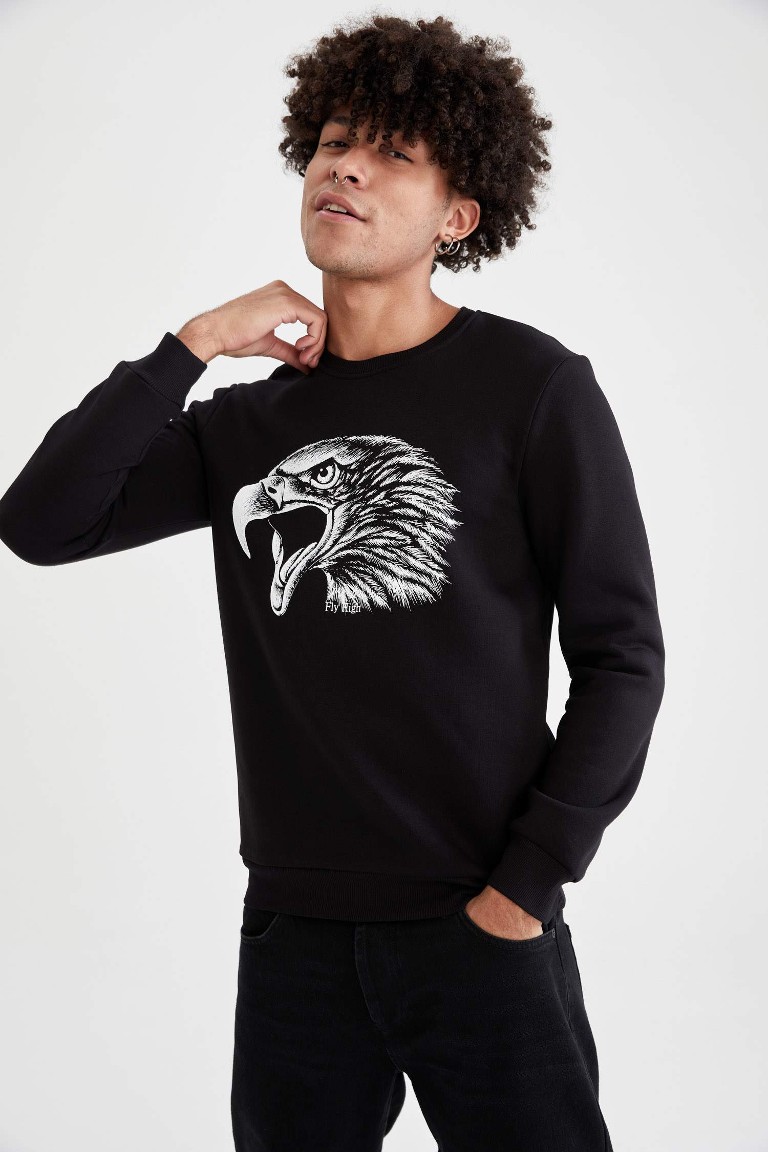 Slim Fit Bisiklet Yaka Baskılı Pamuklu Sweatshirt