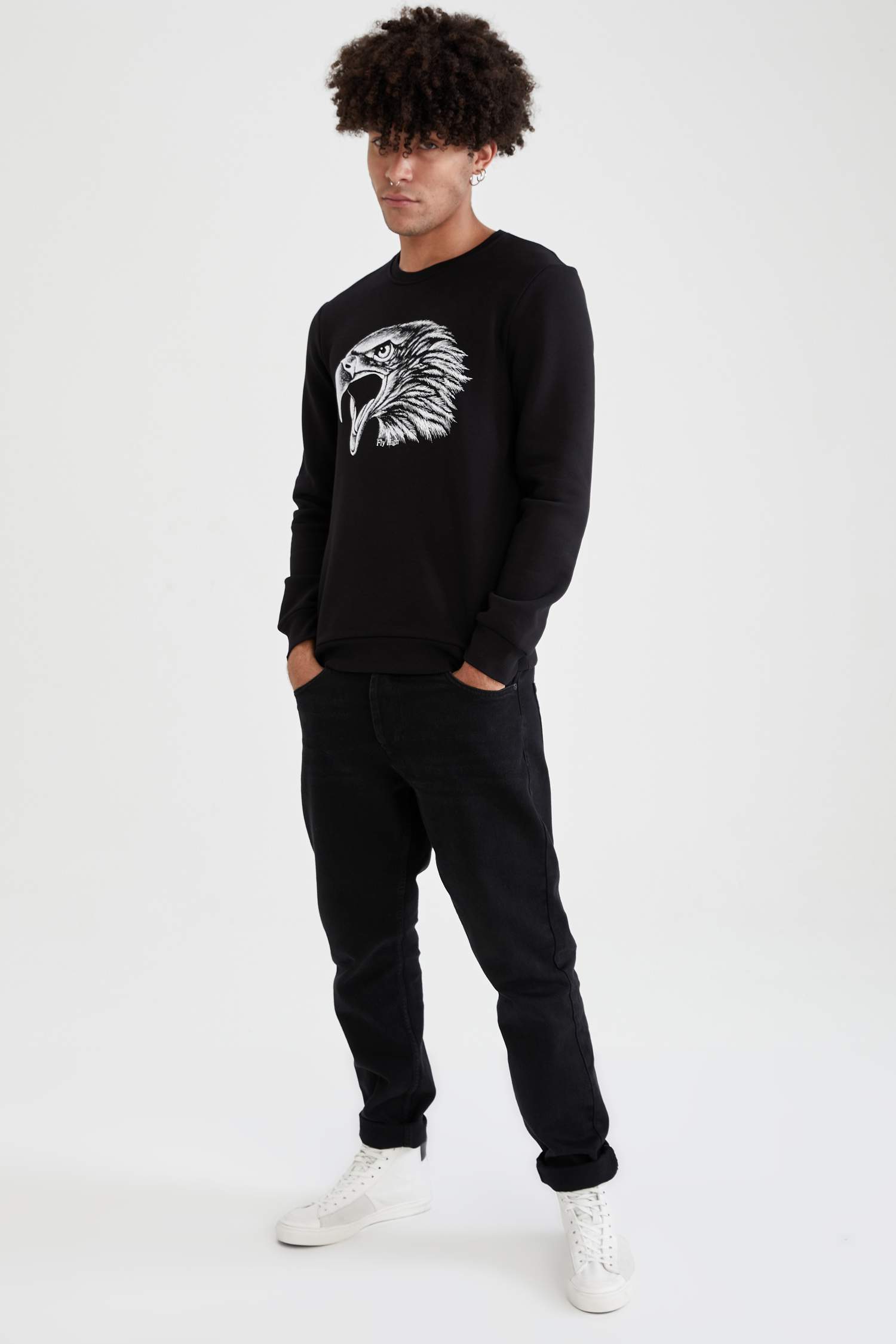 Slim Fit Bisiklet Yaka Baskılı Pamuklu Sweatshirt