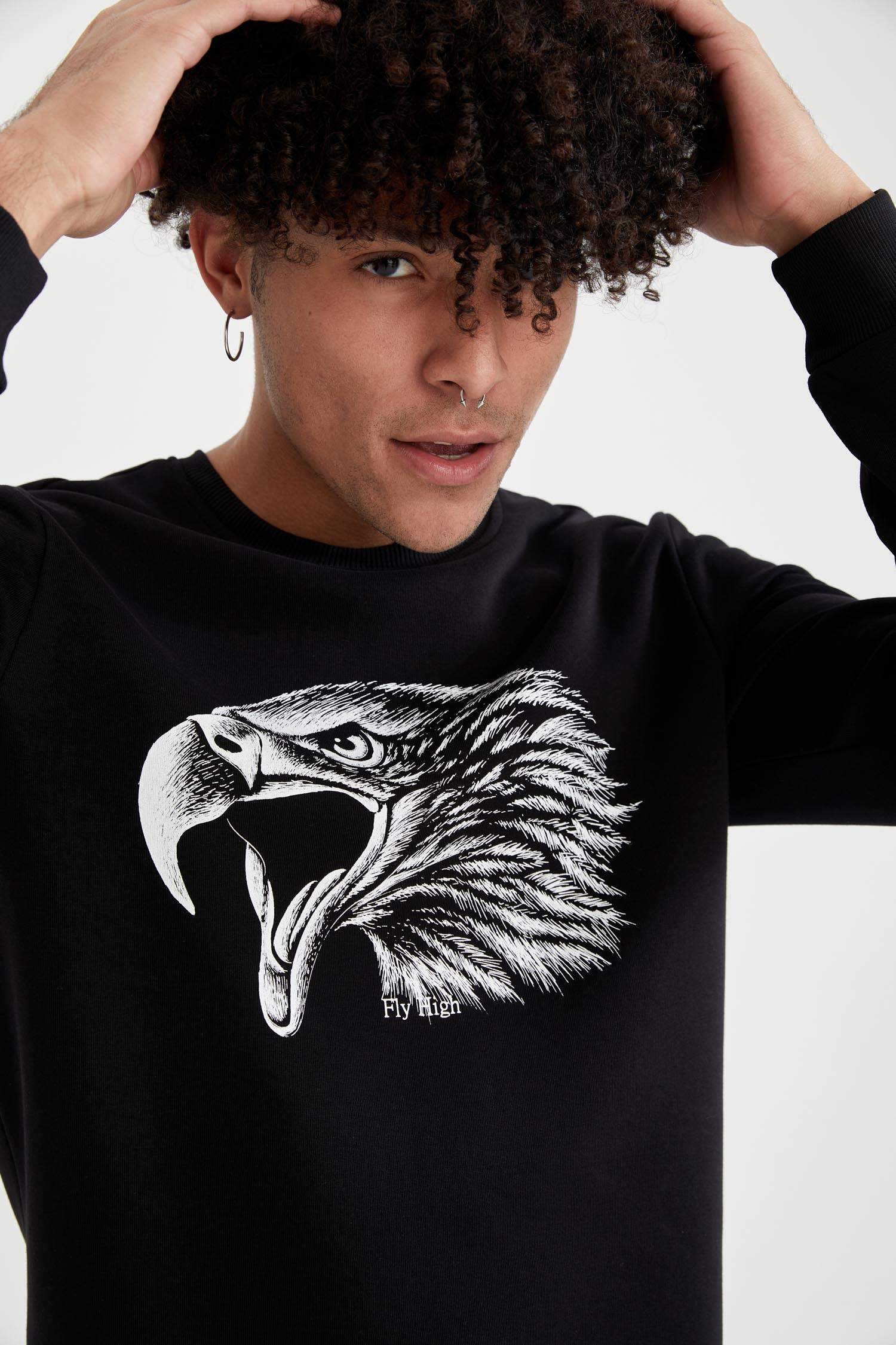 Slim Fit Bisiklet Yaka Baskılı Pamuklu Sweatshirt